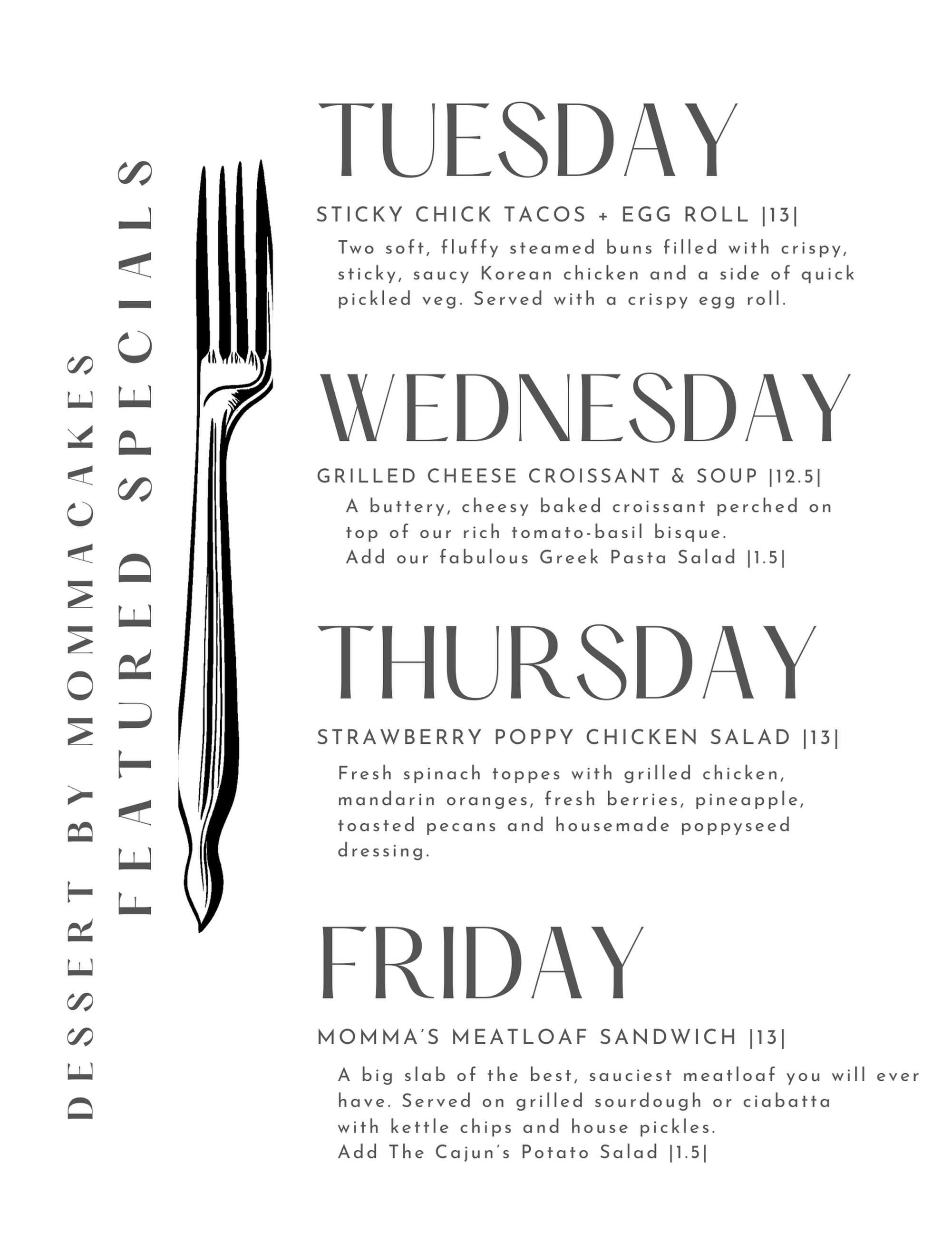 ✨🍴 Warning: This week’s lunch specials may cause spontaneous happy dances, jealous coworkers, and the sudden urge to “treat yourself.” 🤤
Fresh, homemade, and available for a limited time—so don’t be the one hearing, “Sorry, we sold out!” 😅
Tag your lunch buddy, save this post, and we’ll see you this week! 💛
#DessertByMommaCakes #FairfieldTX #LunchDate #EatLocalTexas #WorthTheDrive