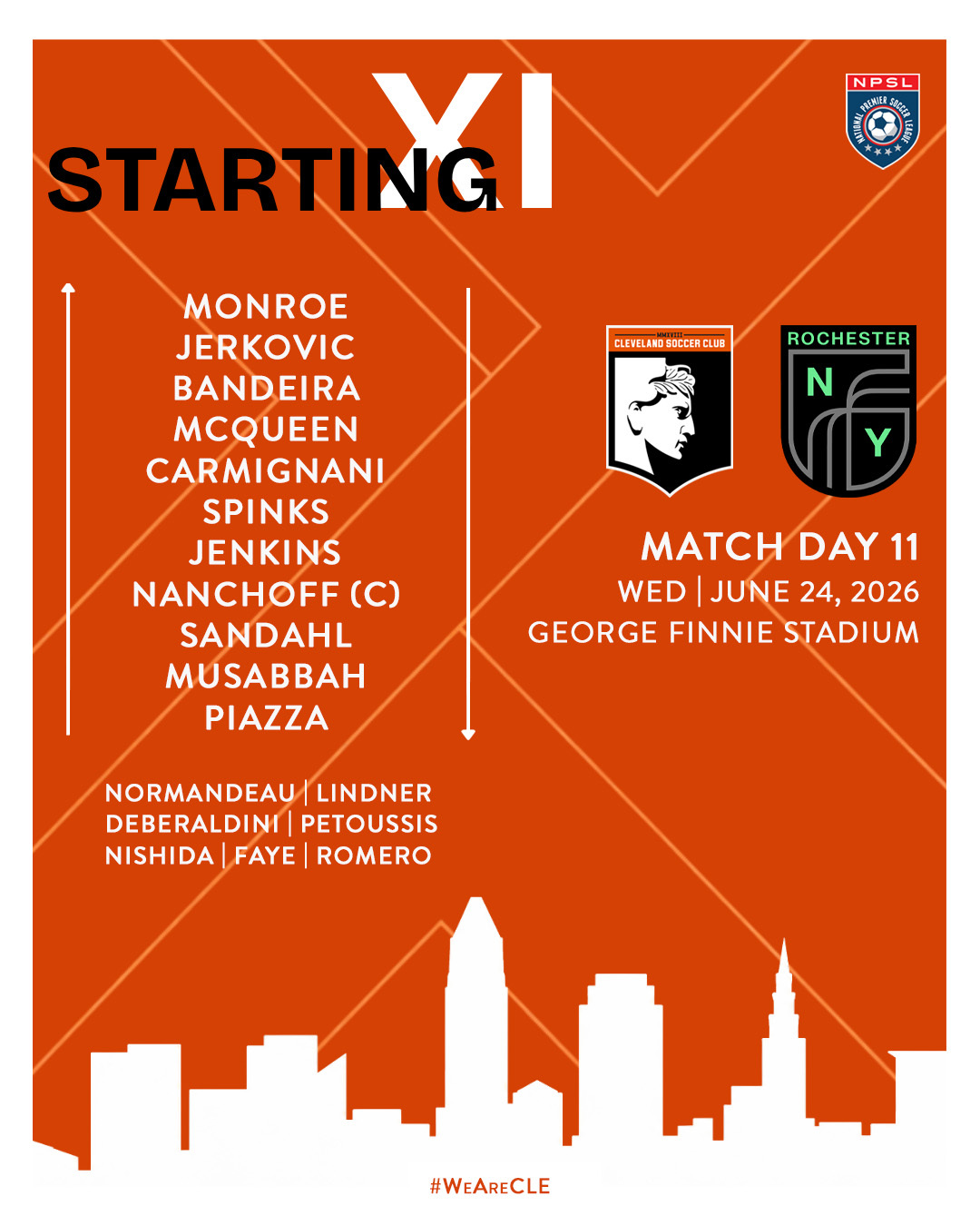 It's match day 11. A huge 90 minutes is on the way
Starting XI locked in and ready to go.
Can't make it to the match? Tune into the livestream and support Cleveland SC from anywhere!
📺Watch: https://www.youtube.com/live/77i3Hz4NsVg
#WeAreCLE