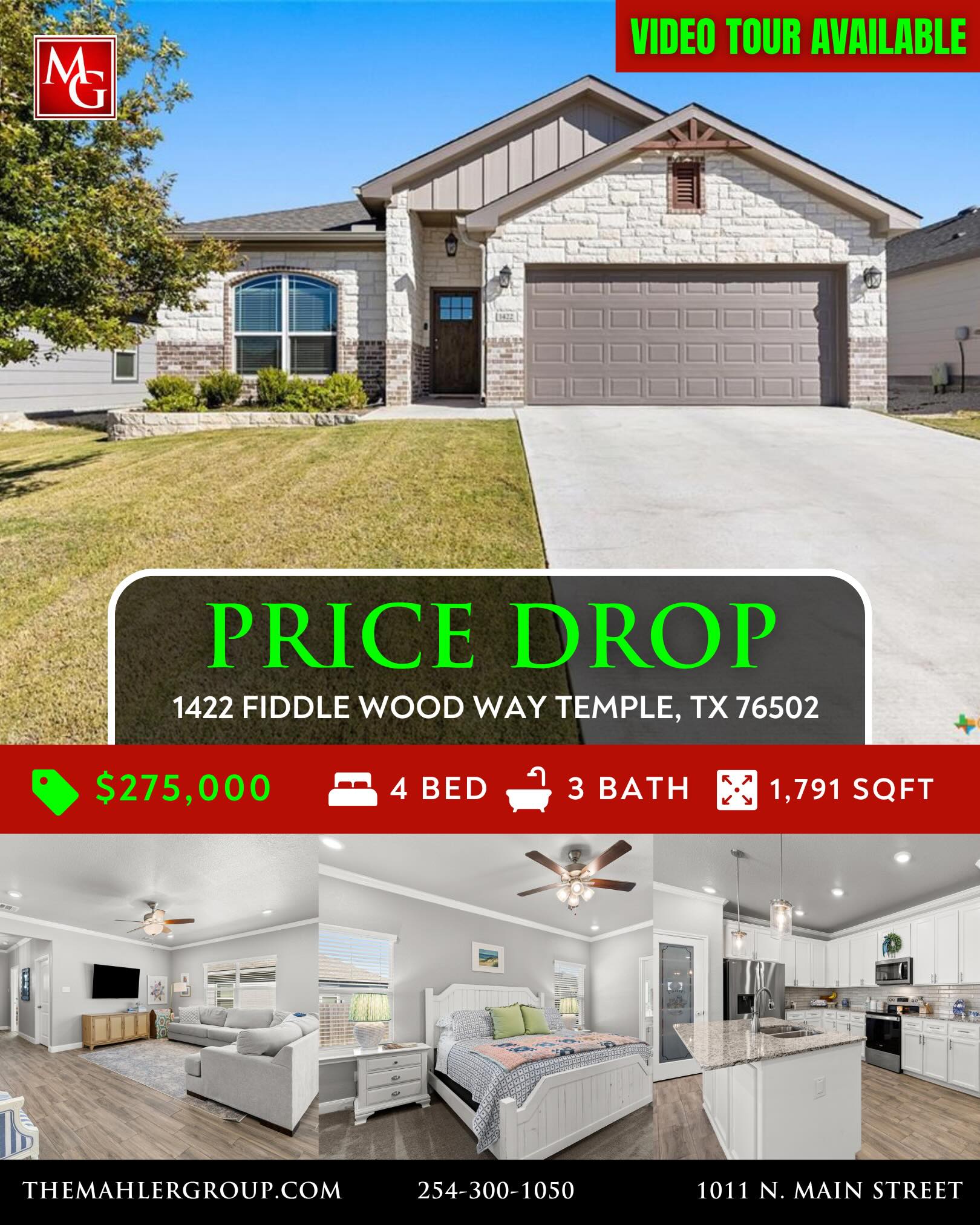 PRICE IMPROVEMENT!
1422 Fiddle Wood Way Temple, TX 76502
4 Bed/3 Bath 1,791 Sqft
$275,000
STUNNING 4-BEDROOM, 3-BATH HOME SHOWCASING EXCEPTIONAL QUALITY BY JERRY WRIGHT HOMES. From the moment you arrive, the curb appeal shines with an Austin stone and brick exterior accented by board-and-batten details and charming craftsman touches—plus a gutter system for easy maintenance. Inside, a huge great room brings the kitchen, living, and dining spaces together in one open, airy layout—surrounded in crown molding & perfect for entertaining while offering plenty of flexibility for furniture arrangements and gathering zones. The light and bright island kitchen is a true centerpiece, featuring a plethora of cabinets, stainless steel appliances, granite countertops with an attractive backsplash, and a dedicated pantry for extra storage. “Room for a crowd” adequately describes the spacious dining area, complete with a window cut-out and just steps from the backyard door for easy indoor/outdoor flow. A smart split-bedroom design provides privacy for everyone, including a standout bedroom right off the entry with its own ensuite bath—ideal for guests, teens, older parents, or a private home office. The other two secondary bedrooms are good sizes and are steps away from both laundry room & third bath. The primary suite is a relaxing retreat and opens into a double-vanity bath complete with a private toilet, soaking tub and separate shower. Outside, everything is already in place: a fully covered back patio, beautiful landscaping, & a sprinkler system surrounded by a privacy fence. Move-in ready and packed with thoughtful features—don’t miss this one!