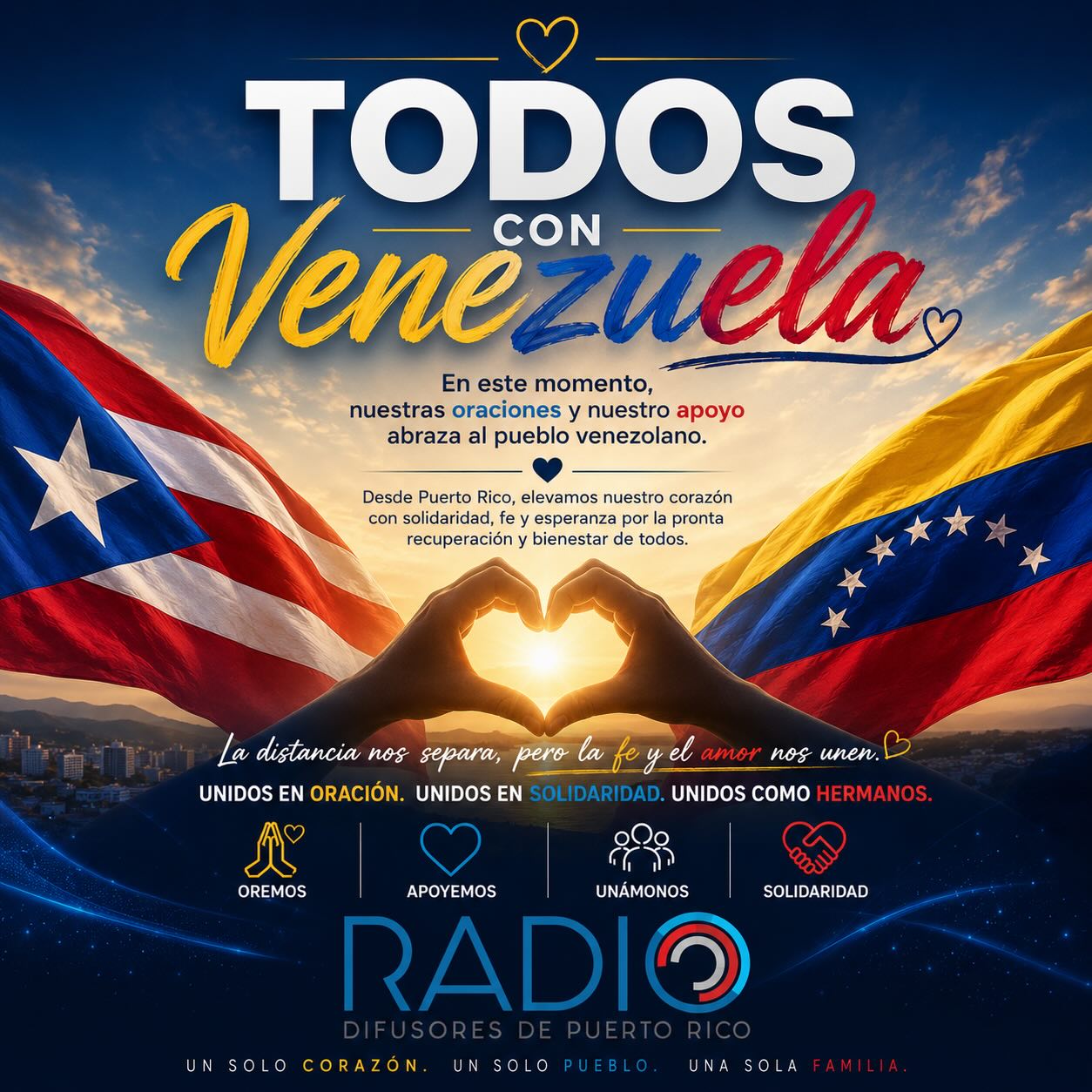 Mensaje de Solidaridad con el Pueblo de Venezuela
En nombre de la Asociación de Radiodifusores de Puerto Rico, expresamos nuestra más sincera solidaridad con el pueblo de Venezuela ante los difíciles momentos que atraviesa tras el devastador terremoto que ha impactado a tantas familias.
Puerto Rico conoce la fortaleza que nace en medio de la adversidad. Por ello, hoy nos unimos en oración, esperanza y apoyo, enviando un abrazo fraternal a cada venezolano que enfrenta esta emergencia.
Elevamos nuestras oraciones por quienes han perdido a sus seres queridos, por los heridos, por las familias desplazazadas y por todos los equipos de rescate, personal médico, voluntarios y ciudadanos que trabajan incansablemente para llevar ayuda y esperanza.
Invitamos a todos los puertorriqueños y a quienes hacen de nuestra Isla su hogar a unirse en este gesto de solidaridad. En momentos como estos, la humanidad nos recuerda que no existen fronteras cuando se trata de tender una mano al prójimo.
Que Dios conceda fortaleza, consuelo y esperanza al pueblo venezolano, y que la recuperación llegue pronto para toda la nación.
Puerto Rico está con Venezuela.
Con profundo respeto y solidaridad,
Eric J. Toro Ocasio
Presidente
Asociación de Radiodifusores de Puerto Rico