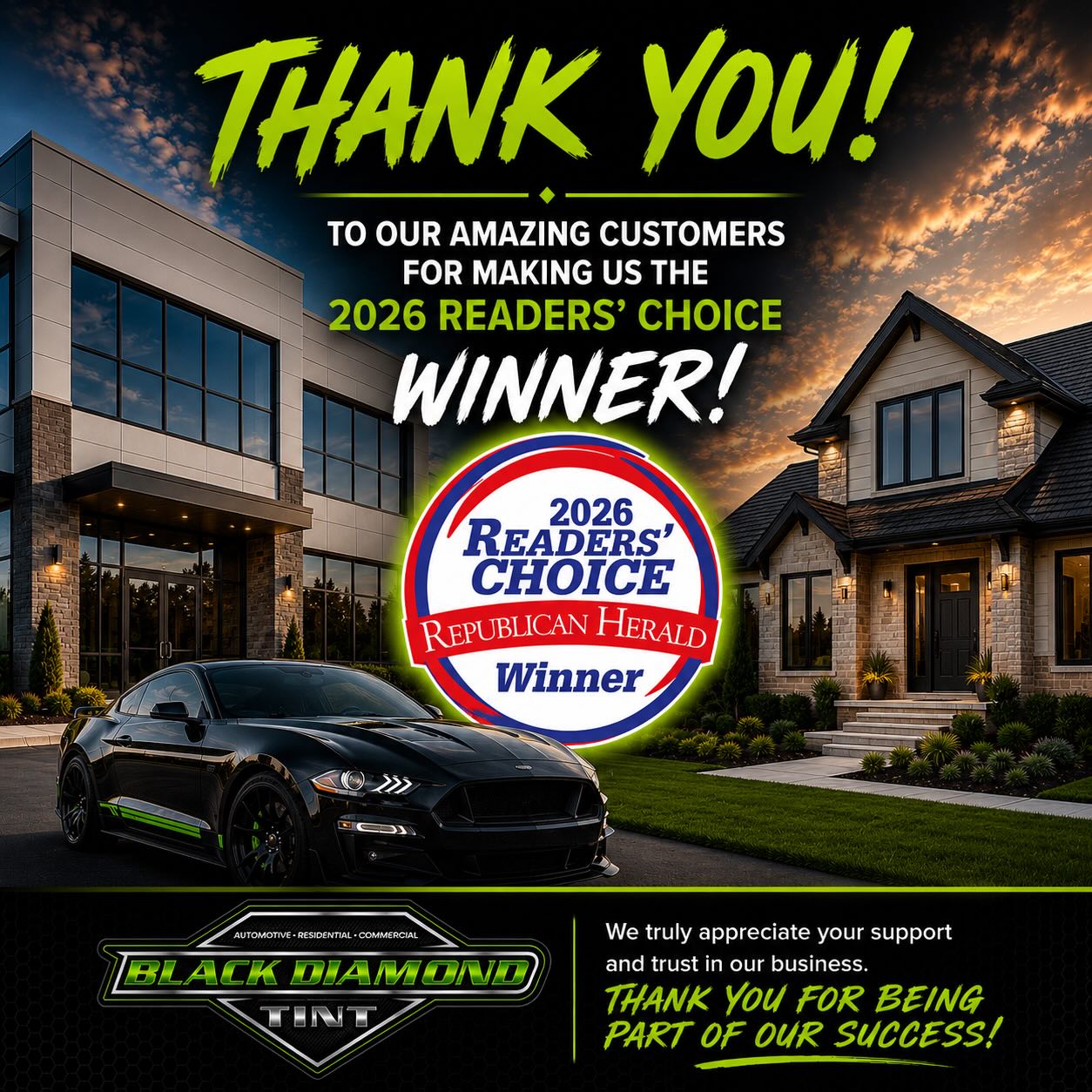 Thank you to all of our customers and everyone who voted for us as the readers choice best window tinting! 4 years in a row! 🙌🏻