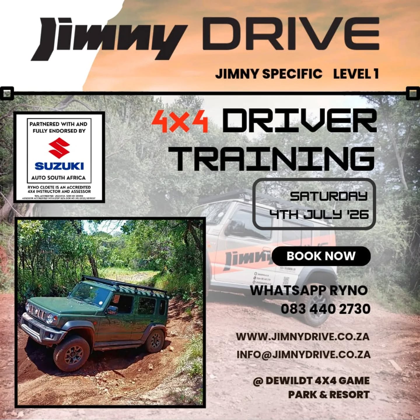 JimnyDRIVE L1 4x4 Course!
Saturday the 4th of July 26
At @dewildt4x4_gamepark
Get to know your Jimny better by joining us for our popular Jimny specialized 4x4 course!
For more information, contact Ryno via WhatsApp 083 440 2730
www.jimnydrive.co.za
#dewildt4x4 #suzuki_za #jimny4x4 #4x4trainingdewildt4x4