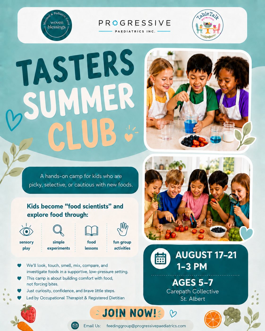 🍎 After a successful Tiny Tasters Club spring session, we thought we would offer another picky eating group this summer for kiddos a bit older!! 😀
If your child is between the ages of 5-7 and is struggling to try new foods, this group is for them! Our phenomenal @woven.blessings OT and a very skilled Dietitan from @tabletalknutrition.ca will be facilitating this group. Registration is now open!
📅 Aug 17-21, 2026
⏰ 1:00-3:00pm
📍 Carepath Collective in St. Albert
Send us a DM or email: feedinggroup@progressivepediatrics.com