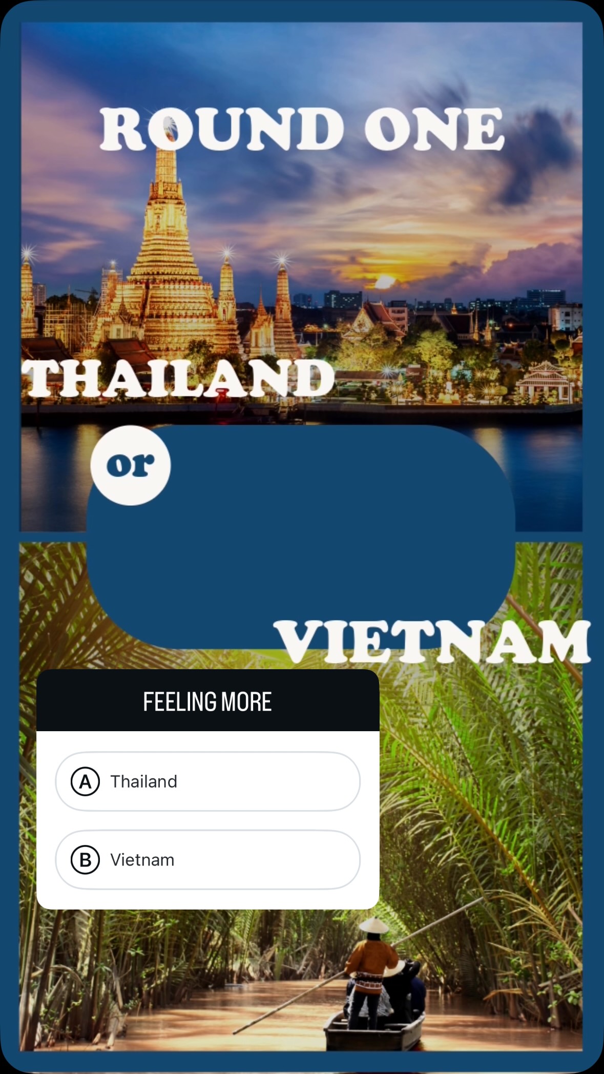 Around the world bracket challenge
Which destination are you feeling next?
#thailand #vietnam #asiatravel #bracketchallenge