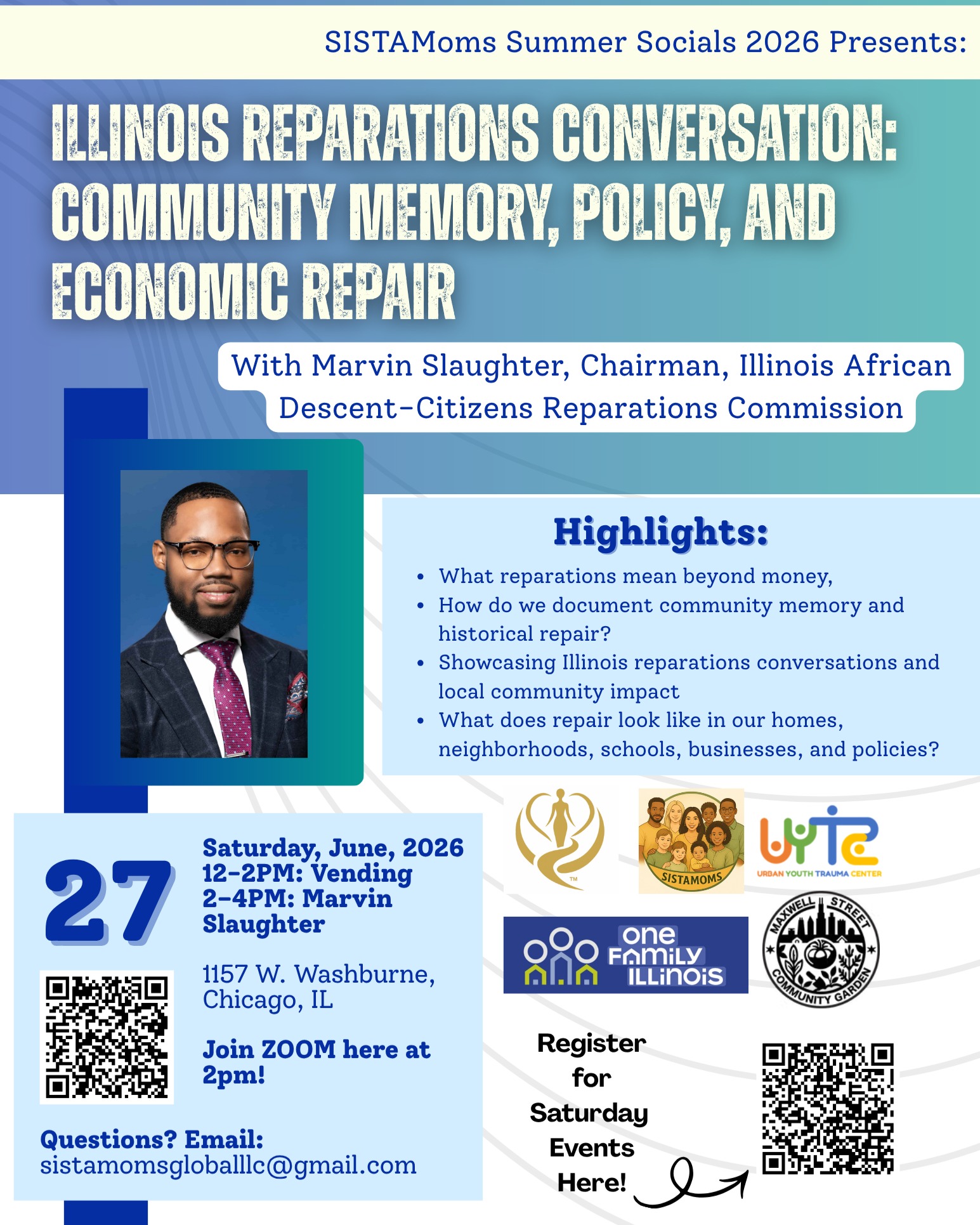 Our community partner @sistamoms_global is hosting an event this today at 1157 W Washburne "Illinois Reparations Conversation: Community Memory, Policy, & Economic Repair." Please consider joining them!
