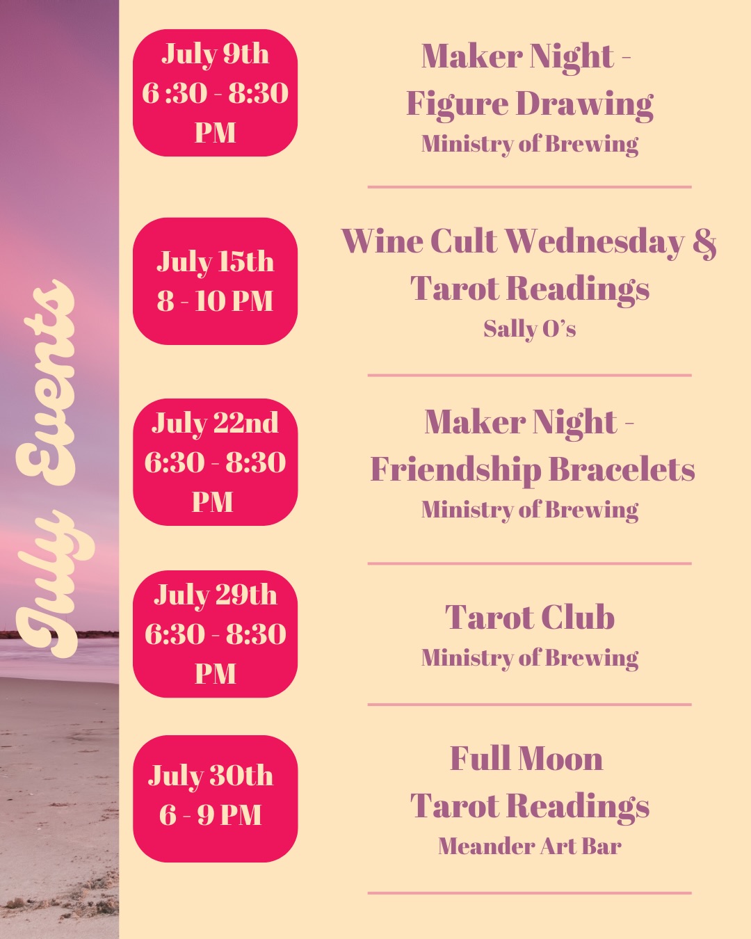 ☀️July is filled with some of our favorite events!☀️
7/9 join us for our second Figure Drawing Maker Night @ministryofbrewing with @gemseniah & @keyboardbrush returning to model! ✍️
7/15 I’ll be back @sallyosmd for #winecultwednesday where wine bottles are 50% off and come with a complimentary tarot reading 🔮🥂
7/22 relive the best part of summer camp with us @ministryofbrewing where all materials & directions are provided to make beaded or braided friendship bracelets 📿
7/29 Tarot Club returns for our July edition under the Full Moon! See what the cards have to offer and find your people during our magical club! ✨🌕✨
7/30 I’ll be back @meanderartbar for a magical evening offering readings under the full moon! 🔮
✨Tickets/booking available at the link in my bio! ✨
#baltimoreevents #thingstodoinbaltimore #baltimoretarot #marylandevents