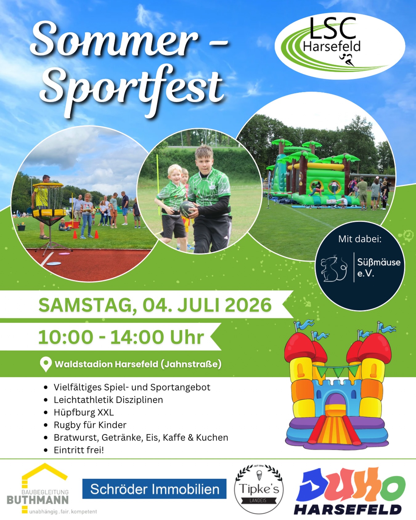 Nächste Woche ist es soweit! 🎉
Unsere Sommer-Sportfest findet wieder statt! ☀️🏃♀️💚
Freut euch auf einen Tag voller Bewegung, Spiel, Spaß und Gemeinschaft für Groß und Klein. Ob an unseren Sportstationen, beim Rugby für Kinder oder auf der XXL-Hüpfburg – hier ist für jeden etwas dabei! 🎪💚
📅 Samstag, 04. Juli 2026
⏰ 10:00 – 14:00 Uhr
📍 Waldstadion Harsefeld
Natürlich ist auch für das leibliche Wohl gesorgt: Bratwurst, Eis, Kaffee, Kuchen und Getränke warten auf euch. 🌭🍦☕
Zusätzlich bespaßen die @suessmaeuse die Kinder mit Kinderschminken und Luftballonfiguren!🎈
✨ Der Eintritt ist kostenlos!
Markiert eure Freunde, Familie und alle, die dabei sein müssen, und merkt euch den Termin schon jetzt vor! Wir freuen uns auf einen großartigen Tag mit euch. 🙌
#LSCHarsefeld #SommerSportfest #Harsefeld #SportFürAlle #Familientag KinderSport GemeinsamAktiv SaveTheDate Sommer2026 HarsefeldErleben 💚☀️🏃♂️🏉🎪
