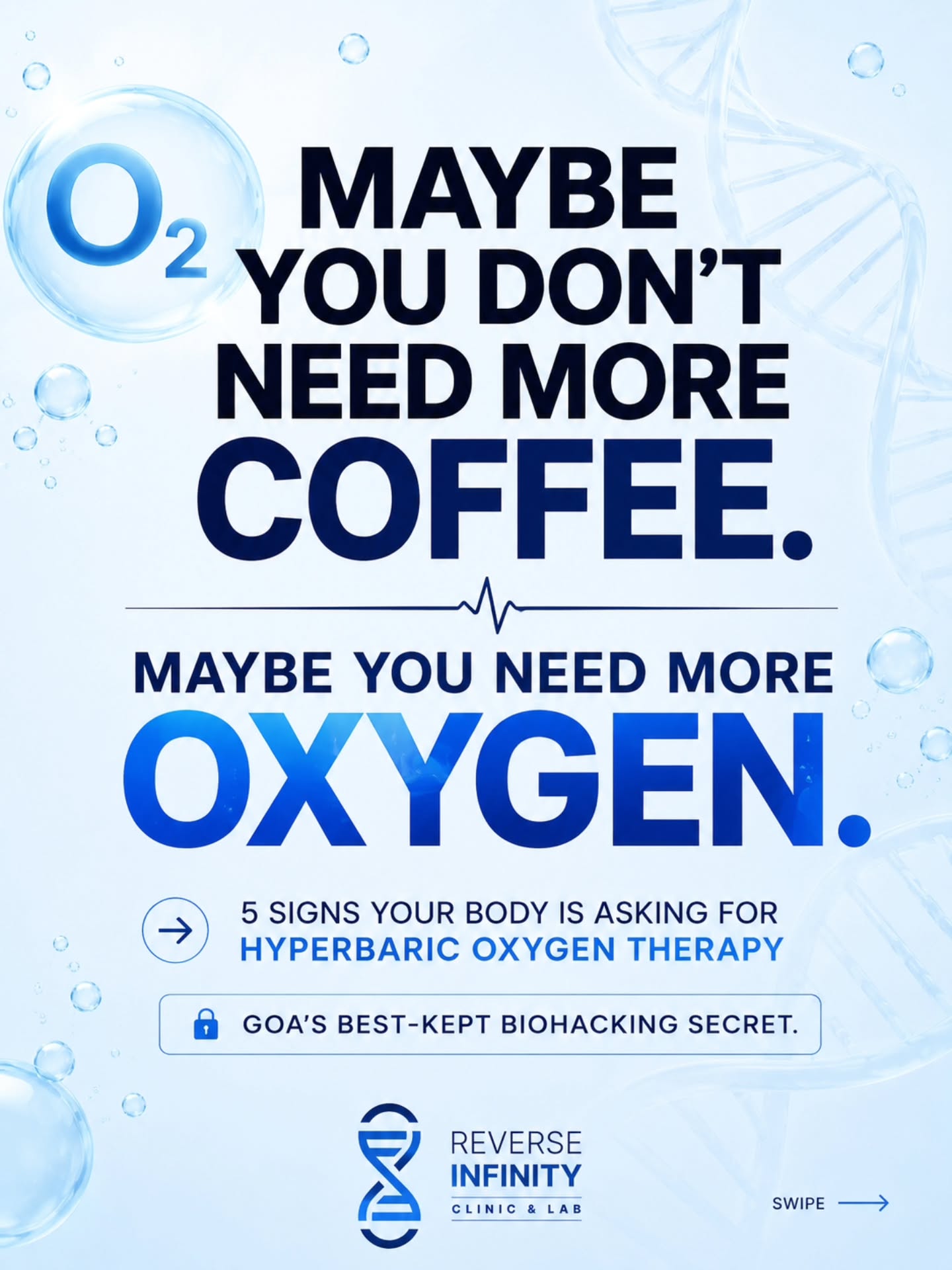 Maybe it's not another coffee you need.
Sometimes your body is simply asking for more oxygen. Swipe through and see if you relate.
#Wellness #HBOT #Goa #Biohacking
Brain fog isn't something you have to accept. Better oxygen delivery can make a bigger difference than you think. 🧠
#Wellness #HBOT #Goa #Biohacking
Bryan Johnson after spending millions on wellness care has called HBOT the absolute best thing you can do for your skin.
#HBOT #skincare
You don't need more motivation. You need to recover well enough to show up again tomorrow. 💪
#Wellness #HBOT #Goa #Biohacking
The best hangover cure = HBOT!
Goa has its perks. So does waking up feeling human again. 😉🍹
#Wellness #HBOT #Goa #Biohacking
Everyone talks about inflammation. Few actually measure it or do something about it.
#Wellness #HBOT #Goa #Biohacking
What is HBOT? How does it help? Be sure to follow @ekalavya and his AMA series.
India's highest quality and most affordable HBOT experience!
One of Goa's top health-tech startups. Supported by Dept of Science and Technology, Govt of India!