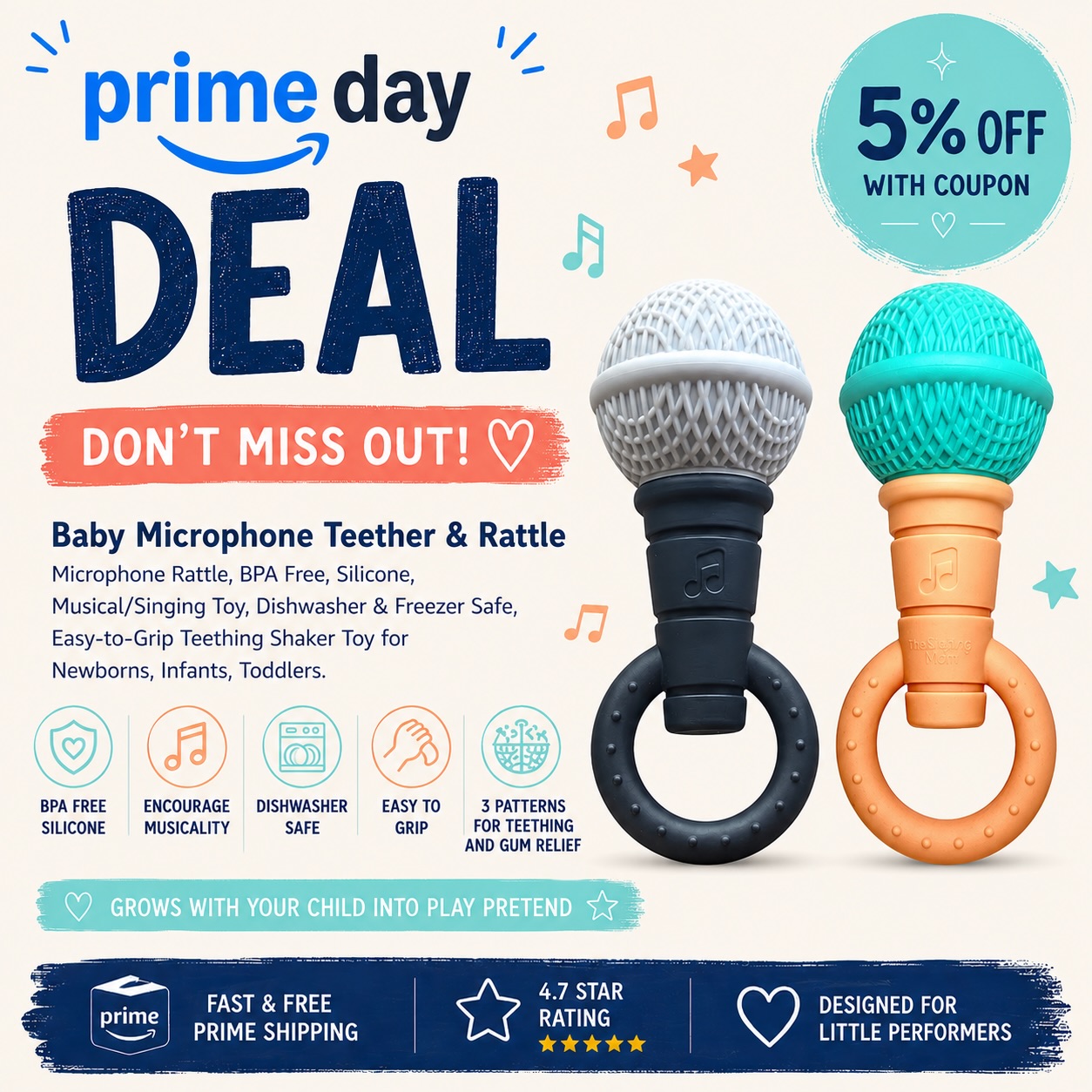 DEAL RUNS FOR ONE WEEK ONLY 6/23-6/30, catch it while you can exclusively at @amazon in honor of prime day/week. Let’s set up your mini teething duet partner for success! 🎵 get your whole family singing and shaking! 🎤 For more info, visit our product page or Instagram posts! #primeday #babydeals #teethers #musicaltoy