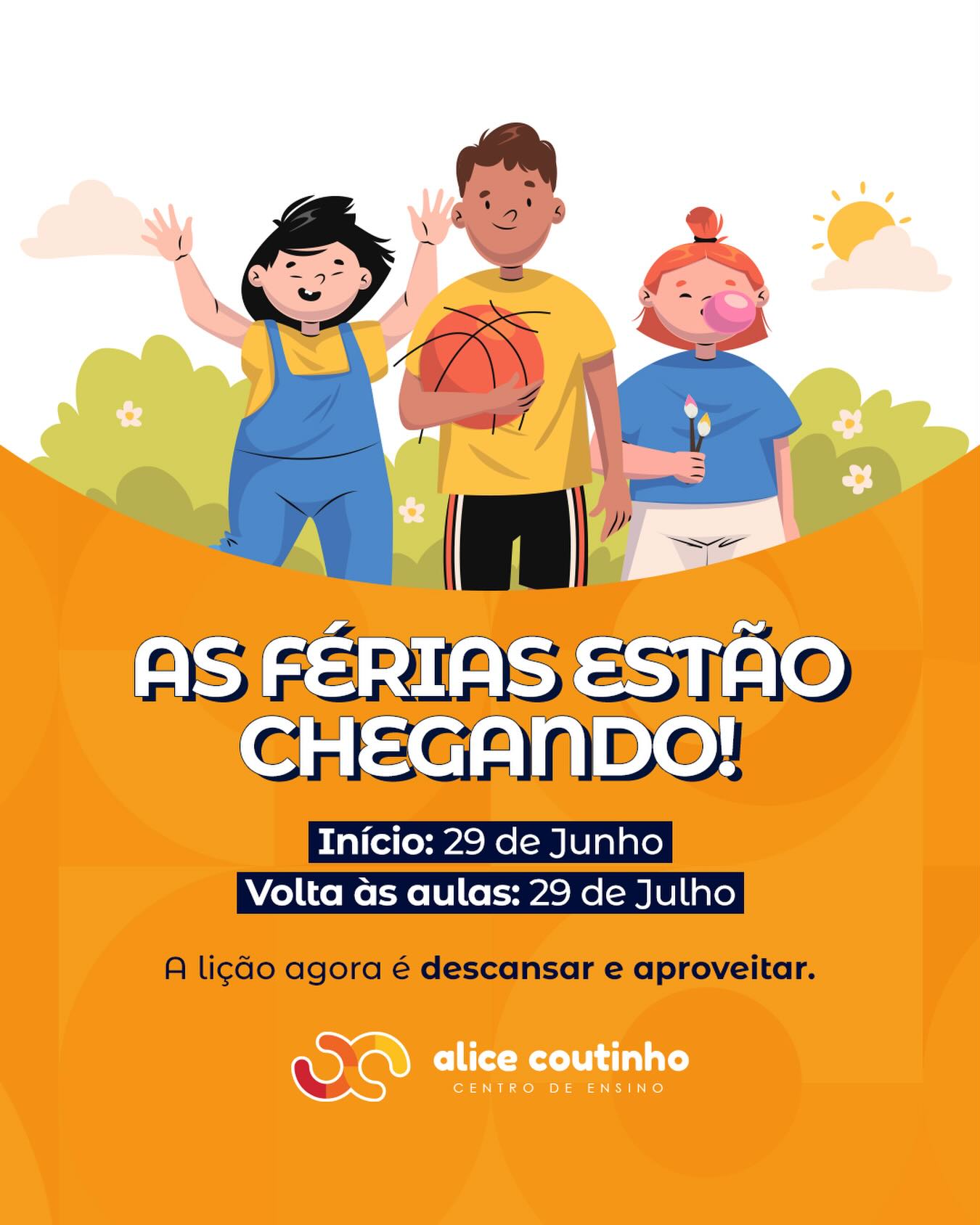 Chegou a hora de desacelerar, e descansar as mentes brilhantes! 😌
E atenção as datas:
➡️ Nossas férias se iniciam no dia 29 de junho e se encerram no dia 29 de julho.
Desejamos a todos os nossos alunos e a nossa equipe, um bom recesso e um descanso proveitoso! 🧡
#alicecoutinho #feriasescolares #centrodeensino #campinagrande