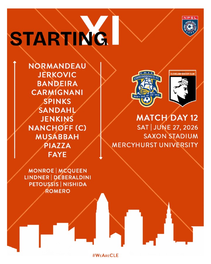 Your Starting XI is locked in.
Cleveland SC closes out the regular season tonight on the road against Erie Commodores FC.
📺 Watch Live at 7:00 PM EDT: https://www.youtube.com/watch?v=3MWk7ny4IjI
#WeAreCLE