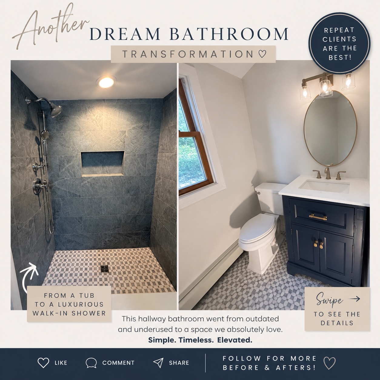 She trusted us once… then invited us back again 🤍 Here’s why ⬇️
✨ Swipe to the end to see the outdated tub transform to a spa-inspired walk-in shower ✨
There’s no bigger compliment than being invited back into a client’s home. 🤍
When our repeat client reached out about updating her hallway bathroom, we knew this space had so much potential. We completely gutted the room, removed the original tub, and transformed it into a beautiful, functional walk-in shower designed for everyday luxury.
✔️ Custom tiled shower
✔️ Oversized niche
✔️ Updated vanity & finishes
✔️ A brighter, more modern design
The best part? Creating a space that fits the way our clients live today — and earning their trust project after project.
Thank you to our amazing clients who continue to welcome Solimine Contracting into your homes. 🏡✨
Ready to reimagine a space in your home? Let’s create something beautiful together.
📍Solimine Contracting
Design • Build • Renovate
#BathroomRemodel #BathroomTransformation #beforeandafterrenovation #FairfieldCountyCT #DesignBuild