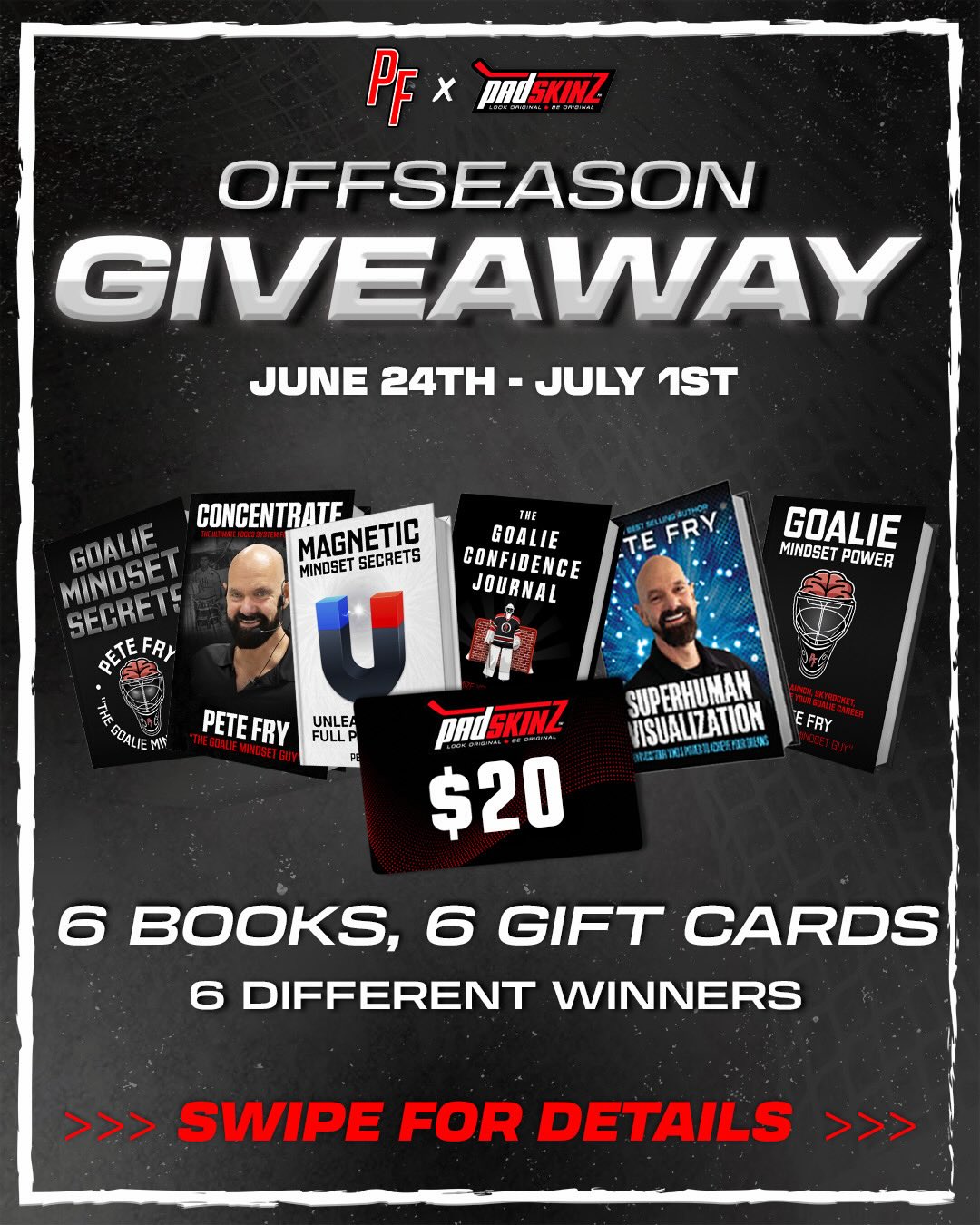 🚨 OFFSEASON GIVEAWAY 🚨
We’ve teamed up with @padskinz to hook up SIX lucky goalies this offseason 💥
Here’s what 6 different winners will each take home:
🎁 A $20 Padskinz gift card
📚 One Pete Fry book: Goalie Mindset Secrets, Goalie Mindset Power, Superhuman Visualization, The Goalie Confidence Journal, Concentrate, or Magnetic Mindset Secrets
How to enter (June 24 – July 1):
1️⃣ Follow @goalie_mindset & @padskinz
2️⃣ Like this post
3️⃣ Tag a goalie who’s leveling up this offseason
📩 Once you comment, you’ll receive a DM with a form, your entry isn’t complete until you fill it out!
🏆 6 winners announced after July 1st.
Make this the summer you transform your game. Let’s go goalies!