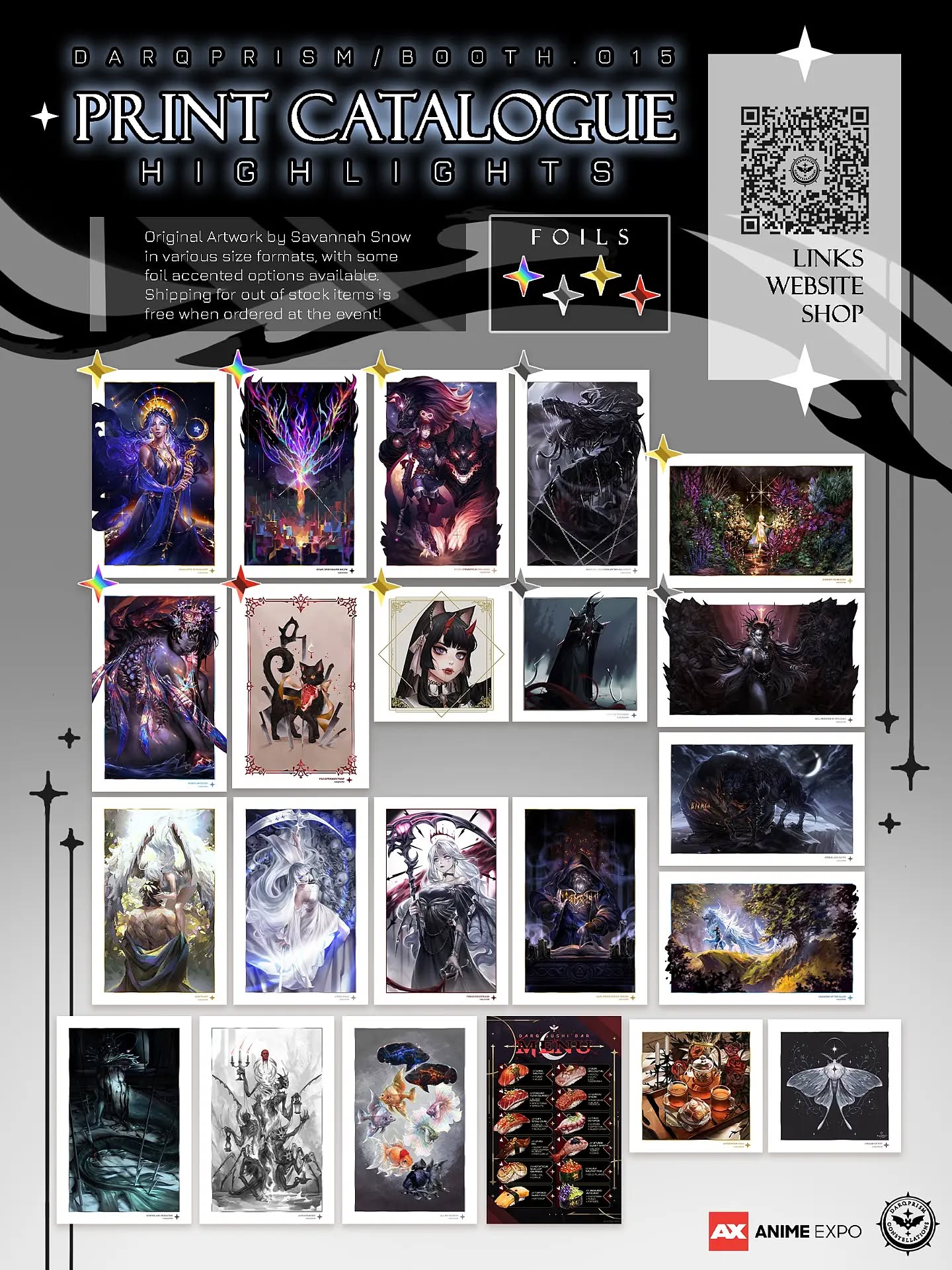 ☆ My Anime Expo 2026 Print Catalogue ☆
Premium foil prints for select artworks are available! If a print you like is out of stock, shipping is on me ♡
First page is 100% Original Art~°•
Not my full collection of prints, but my most popular! Come visit me at my booth or see my site for full inventory.
I'll also have a grand selection of acrylic charms, stickers, and more this weekend!
@animeexpo #animeexpo2026