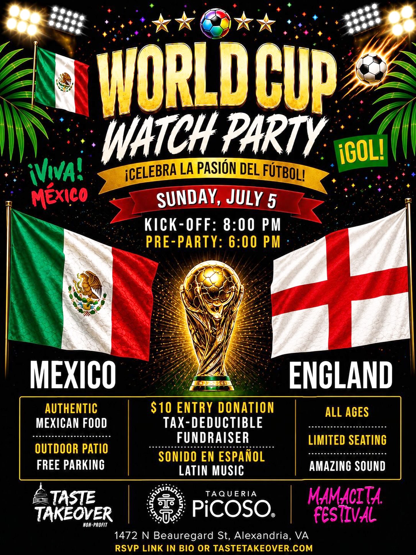 This Sunday we’re back at Taqueria Picoso for another World Cup Watch Party!!!!
Party starts at 6 PM
Kickoff at 8 PM
Mexico vs. England
Join us for authentic Mexican food, Latin music, an outdoor patio, free parking, and an incredible match atmosphere.
$10 tax-deductible entry donation supports TASTE Takeover, a 501(c)(3) nonprofit.
All ages welcome. Limited seating, so RSVP now at tastetakeover.com. See you Sunday! ⚽🇲🇽🏴