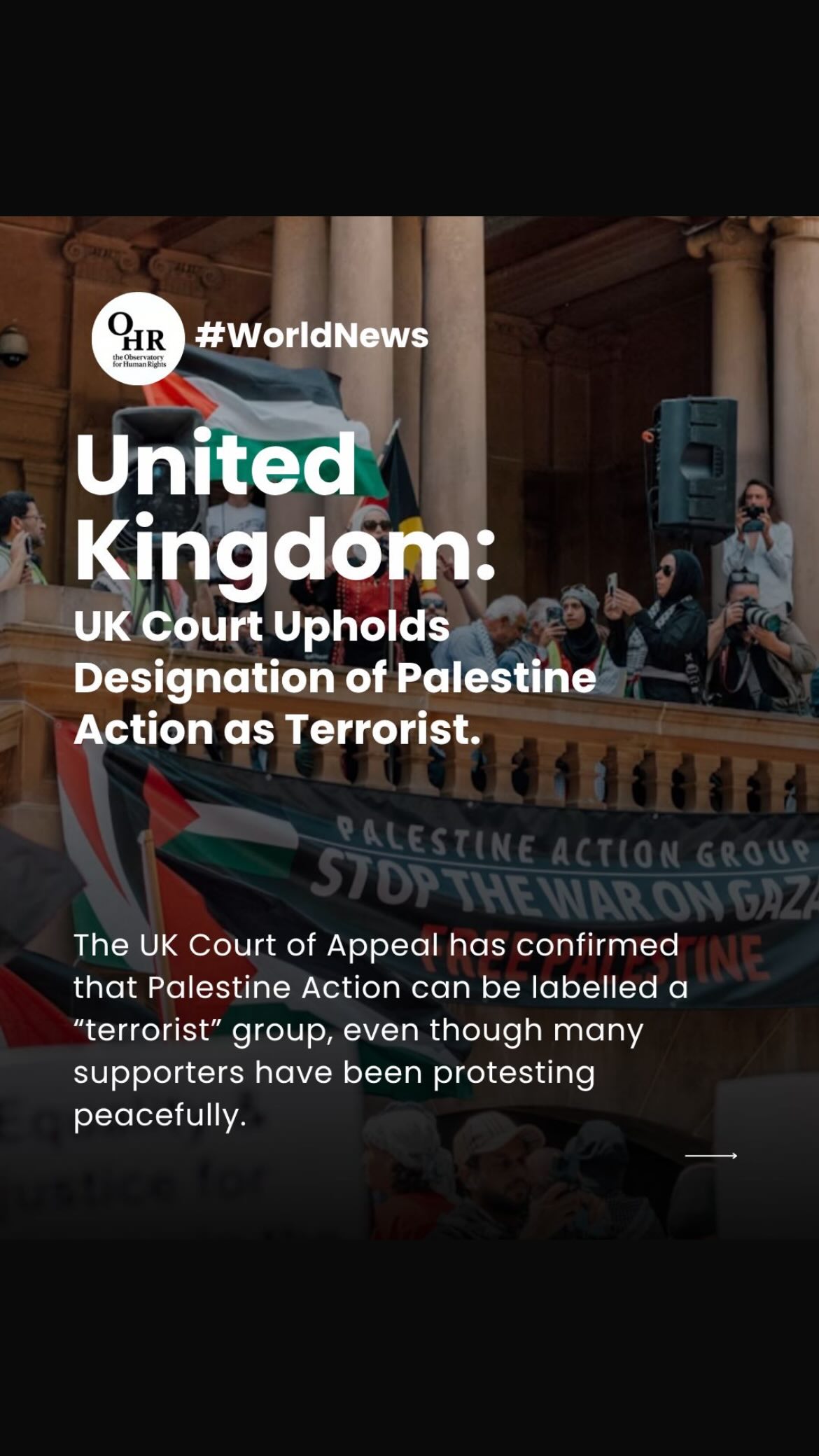 The UK Court of Appeal has upheld the ban on Palestine Action as a “terrorist” group, a move that has already led to thousands of arrests of peaceful protestors. Human rights groups warn this is a misuse of counter‑terrorism laws that puts the right to protest at risk.
Peaceful protest is not terrorism.
Human rights must protect dissent.
👉 Follow to stay informed
👉 Share it to raise awareness
👉 Join the conversation in the comments
Written by: Alessia Milillo
Featured in the video: Camilla Rampazzo
🖇️ Read the full article: https://www.theobservatoryforhumanrights.com/post/uk-court-upholds-designation-of-palestine-action-as-terrorist
#ohrobservatory #theobservatoryforhumanrights #humanrights #ohr