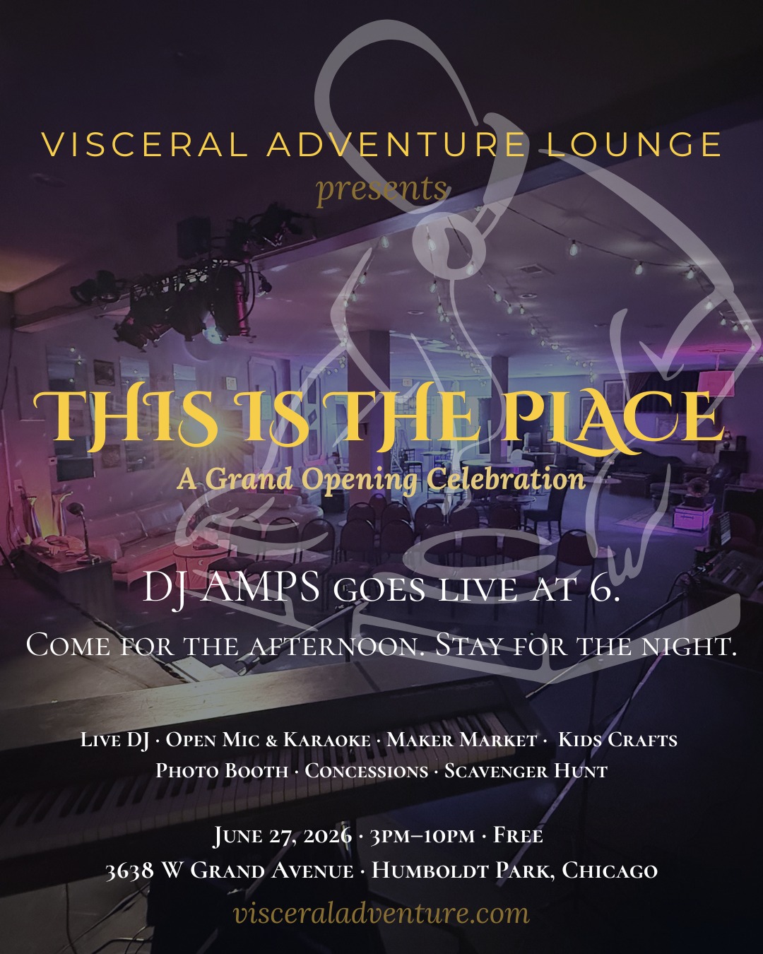 The DJ goes live at 6.
Visceral Adventure Lounge is officially opening its doors on June 27th with a free all-day celebration — This Is The Place. DJ AMPS spinning from 6pm, open mic and karaoke at 7pm, curated maker market, kids crafts, photo booth, scavenger hunt, and fresh popcorn. Come for the afternoon. Stay for the night.
Free admission · 3pm–10pm, June 27, 2026 · 3638 W Grand Avenue · Humboldt Park, Chicago
Link in bio!
visceraladventure.com
#ChicagoDJ #ChicagoMusic #HumboldtPark #ThisIsThePlace #GrandOpening #FreeEvents #ChicagoNightlife #VisceralAdventureLounge