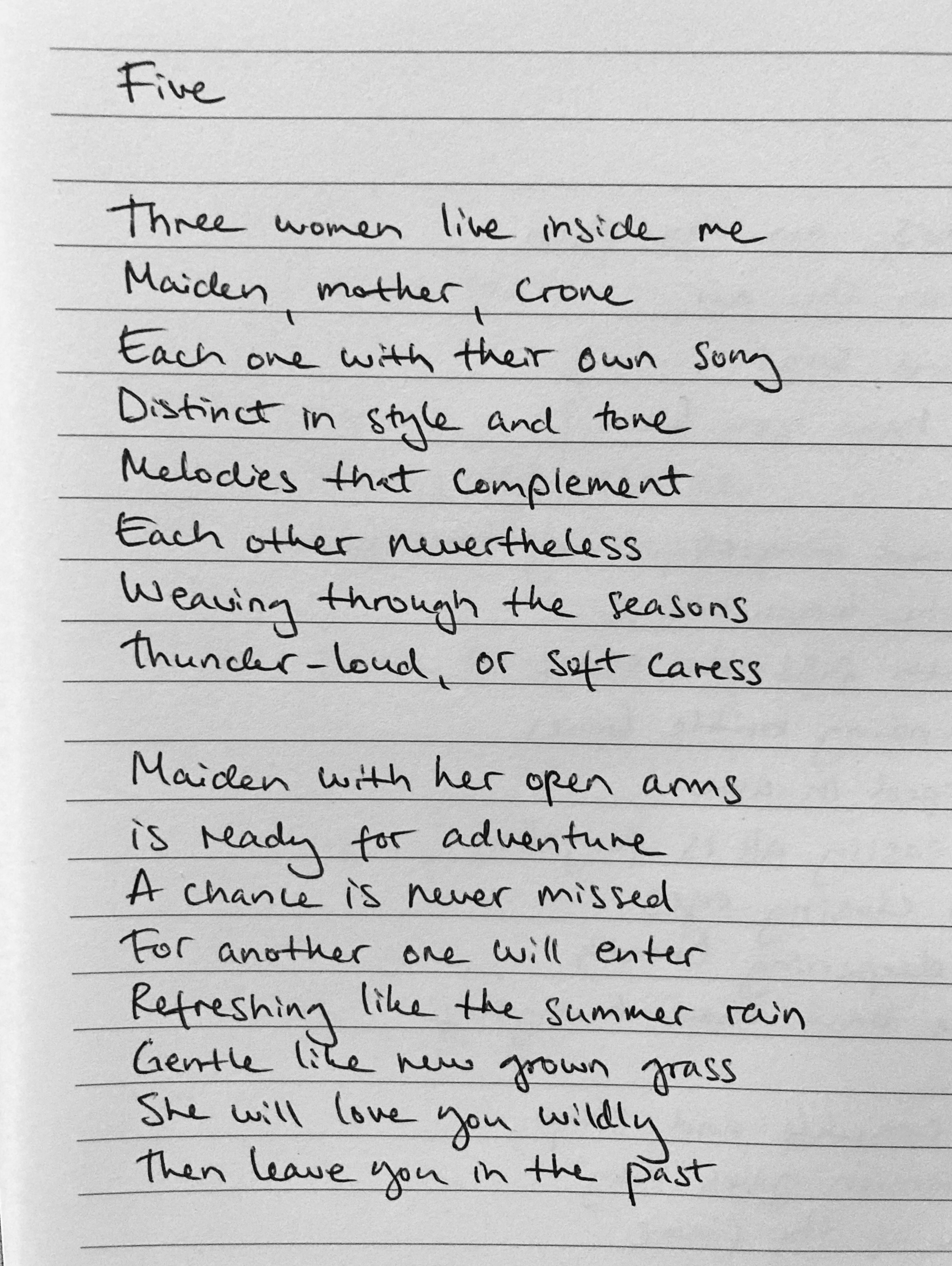 Poem Five
This one took a bit longer to get together… I wanted to explore a rhyming scheme, and although I didn’t end up using a particularly wild one, it was an interesting way to get into this.
The triple goddess is a subject I’ve been wanting to explore for a while. I’m not going to explain my reasons here, maybe if this makes its way into a song…
The picture to accompany this poem is from a mid-summer eve party I had. Juhannus is my favourite. All nature and witchcraft.
#tendaysofpoems