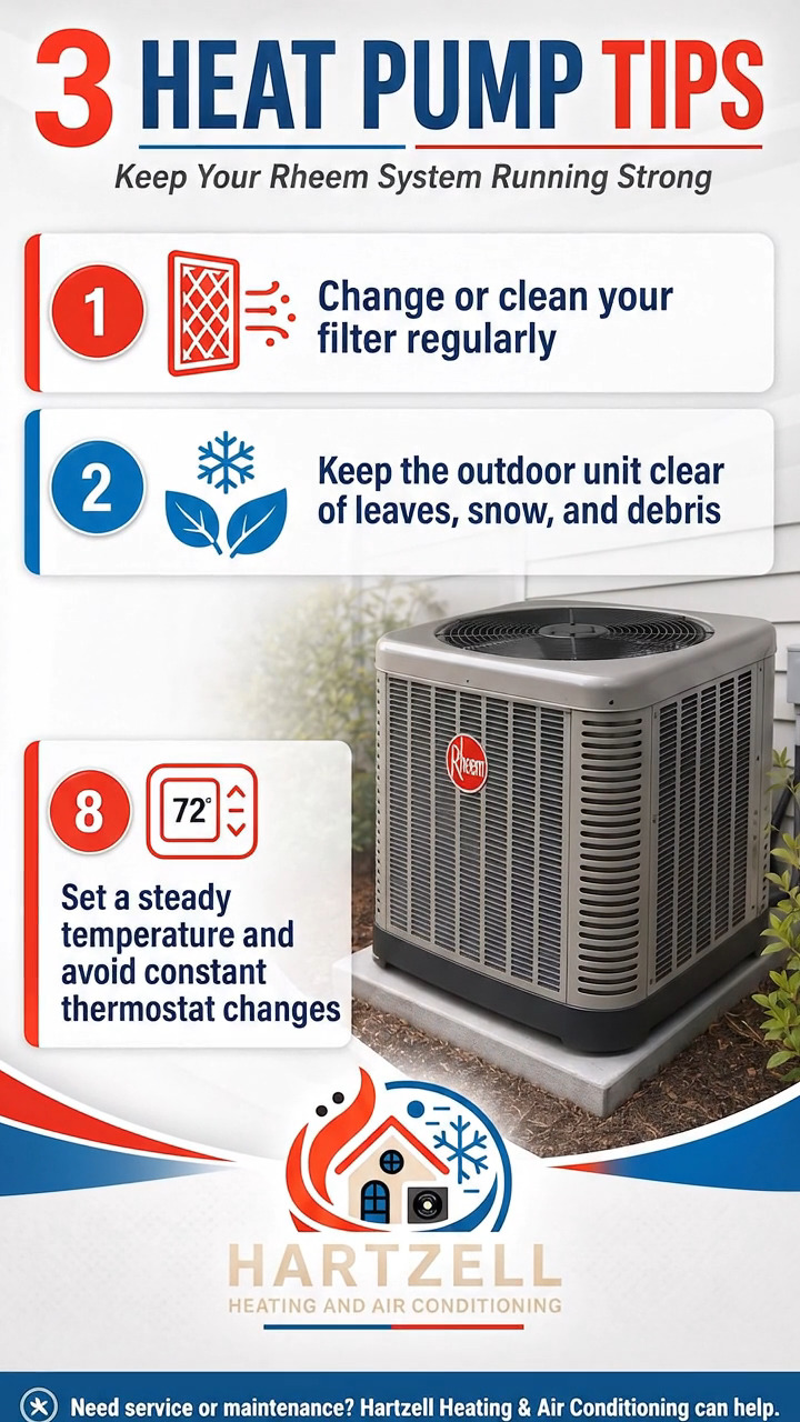 Your heat pump works hard year-round, don’t make it work harder than it has to. 🔥❄️
A clean filter, a clear outdoor unit, and steady thermostat settings can help your Rheem system run smoother, last longer, and keep your home comfortable.
Need maintenance or service? Hartzell Heating & Air Conditioning has you covered.
📞 Call today and keep your comfort running strong.