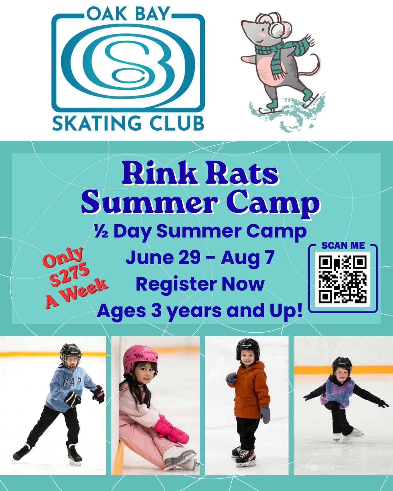 🐭 Rink Rats Summer Camp Starts Monday! ⛸️☀️
Looking for a fun and active way to kick off the summer? Rink Rats is our exciting half-day skating camp for kids ages 3 and up!
📅 Starts Monday
⏰ 8:30 AM – 12:30 PM
👧 Ages 3+
⛸️ All skill levels welcome!
Whether your child is brand new to skating or wants to keep improving over the summer, Rink Rats is packed with skating, games, fun, and new friendships.
Come join the Rink Rats crew this summer