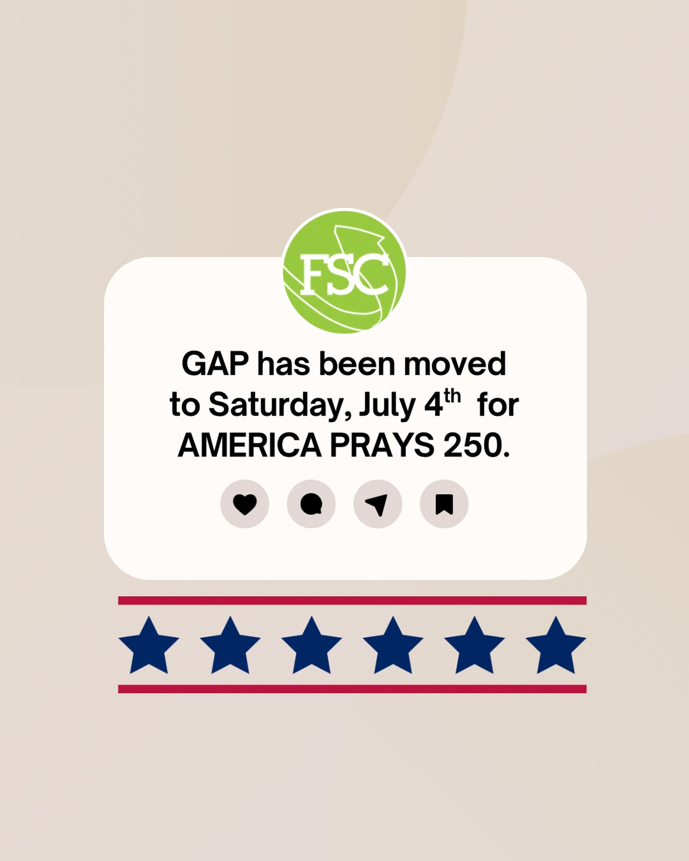 REMINDER🚨
There is NO GAP tonight, July 1st as Gap has been moved to this Saturday morning for AmericaPrays250 at 9AM here @freshstartchurch 🔥
Don’t miss this!🙏⚔️🇺🇸
#prayamericafsc #itstimtoprayamerica #itsachurchthing #freshstartrevival