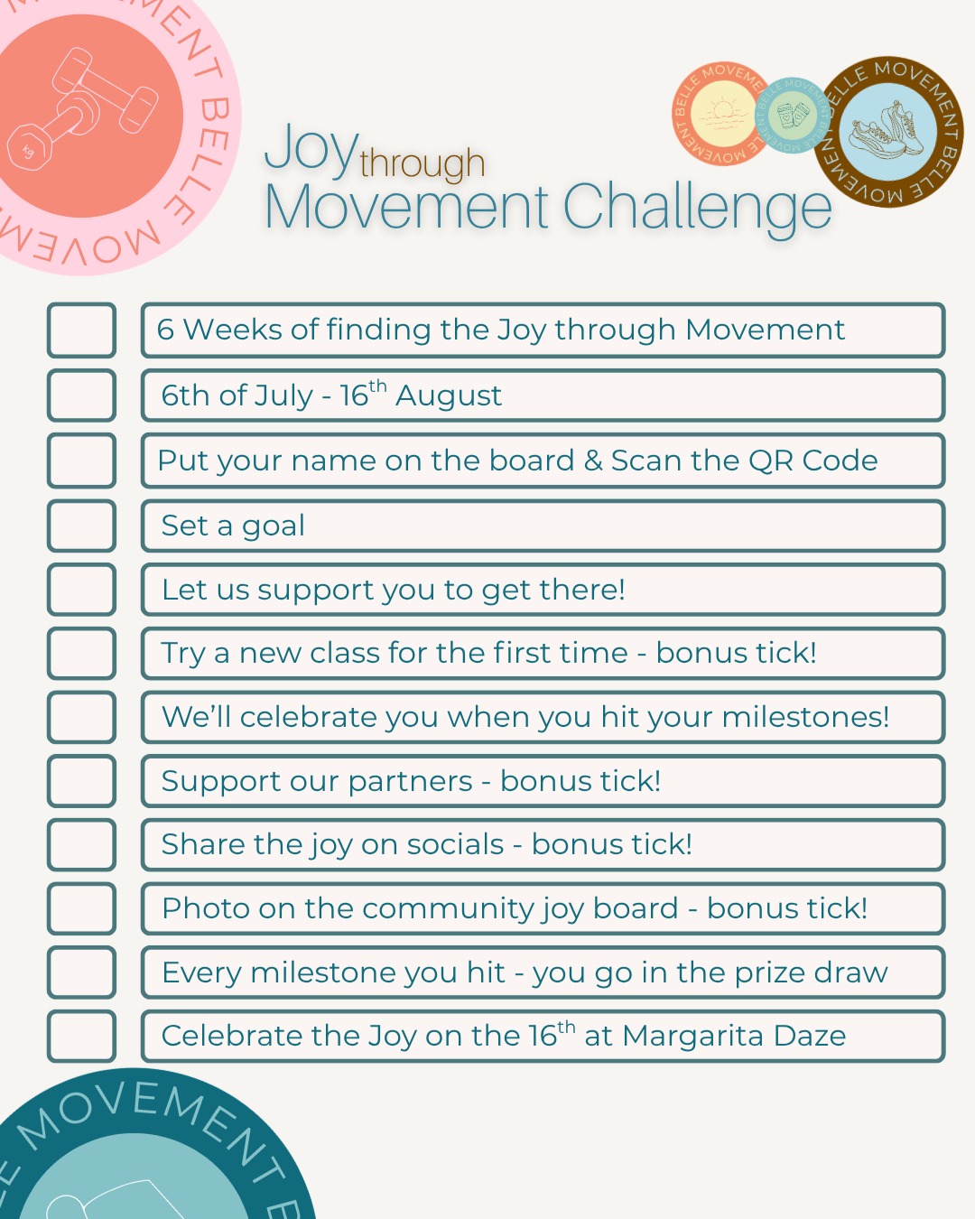 Joy Through Movement Challenge Checklist ✅
Have you put your name on the board yet?