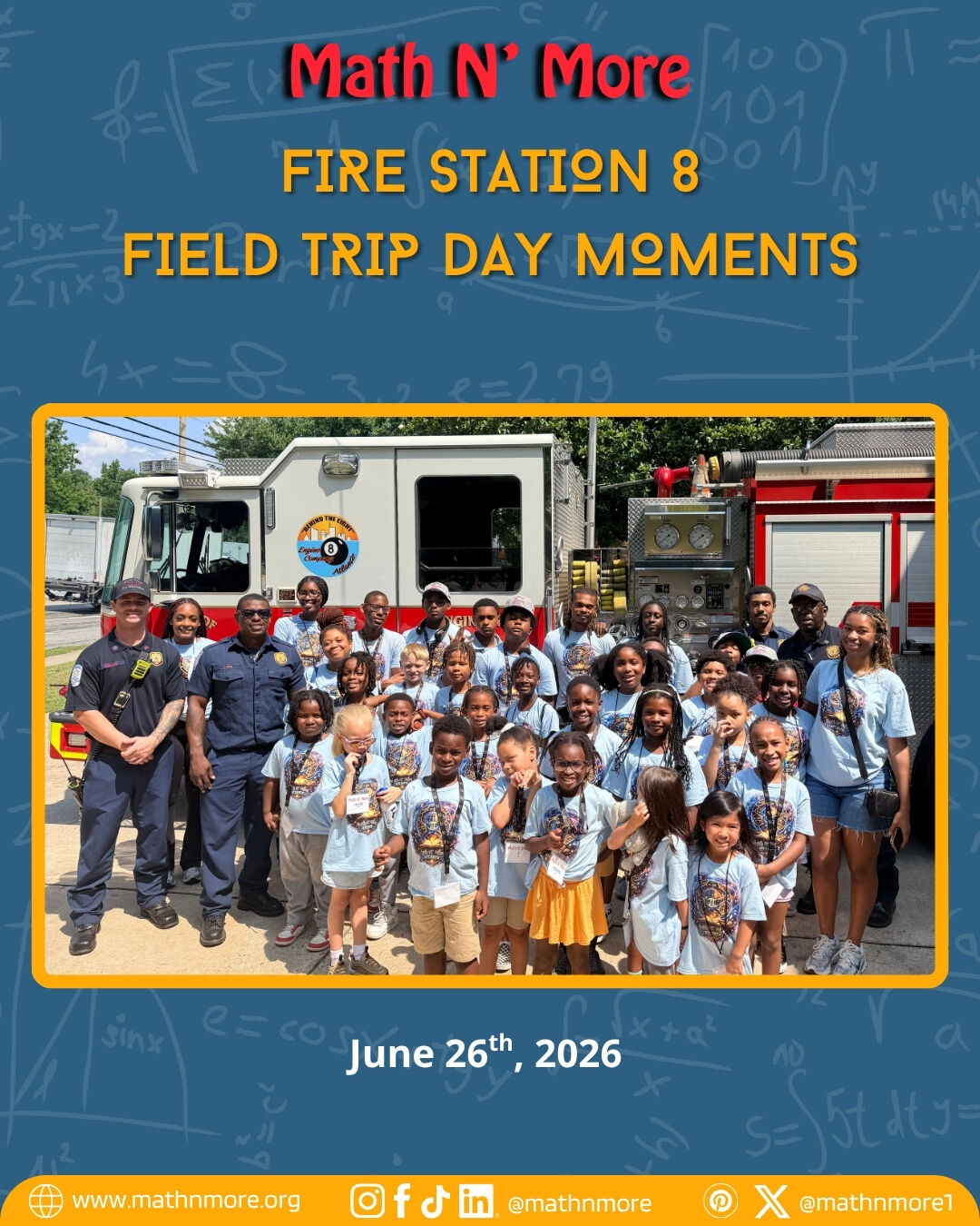 Lights. Sirens. Learning.
Last Friday, our Summer Academy scholars visited Fire Station 8 and got an up close look at the world of firefighting.
From exploring the trucks to learning about emergency response and teamwork, every moment was filled with excitement and valuable lessons.
Thank you to the incredible firefighters who welcomed our scholars and showed them what service, bravery, and commitment look like every day.
Learning beyond the classroom is where memories are made.
🚒❤️
#MathNMore #SummerAcademy #FireStation8 #CareerExploration #FutureLeaders #LearningBeyondTheClassroom #CommunityHeroes