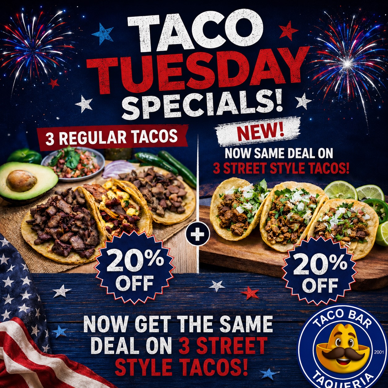 A little red, white, and blue makes Taco Tuesday even better.
Enjoy our 3 Tacos 20% OFF special and celebrate the season with delicious tacos and festive décor.
See you today!
#tacos #tacotuesday #BNIMDSUMMER26 #frederickmd