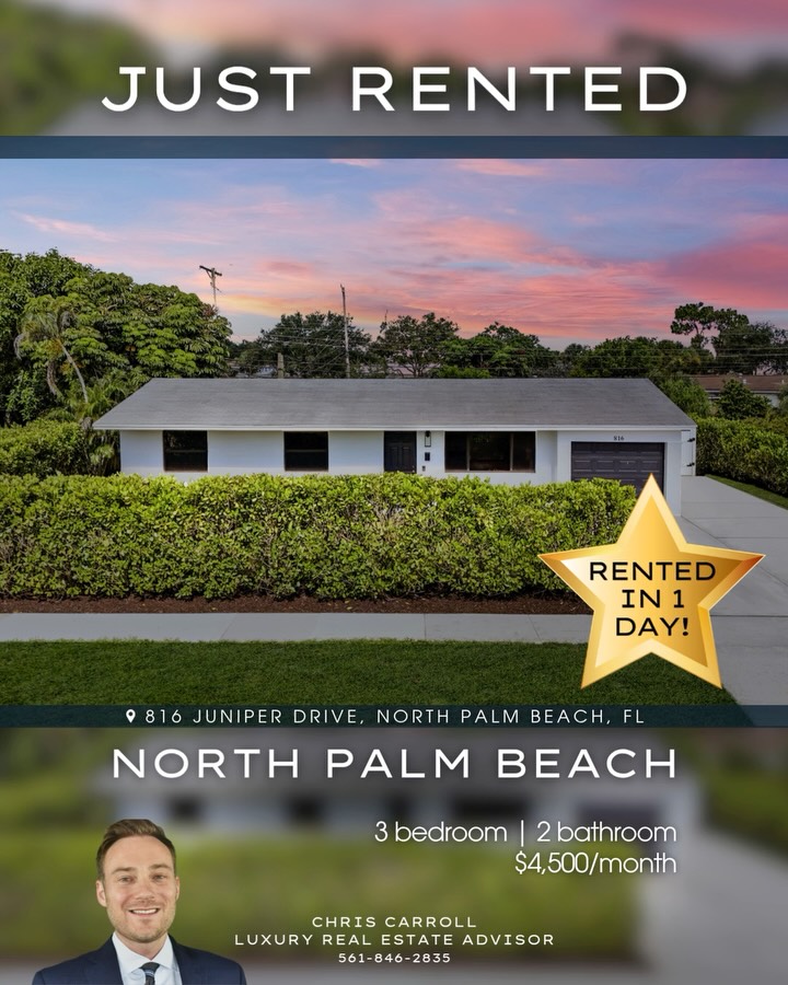 RENTED IN JUST 1 DAY 🎉
816 Juniper Drive in North Palm Beach is officially off the market after securing a tenant within the first 24 hours.
This charming pool home offered everything renters love about the North Palm Beach lifestyle, including tropical outdoor living, spacious entertaining areas, golf cart-friendly neighborhoods, and convenient access to beaches, marinas, dining, and recreation.
Fast results don’t happen by accident. Strategic marketing, local expertise, and a strong understanding of the Palm Beach County rental market help create successful outcomes for our clients.
Congratulations to everyone involved!
📲 561-846-2835 | 🌐 carrollrealtygroup.com
@illustratedproperties @illustrated_jupiter_east
#NorthPalmBeach #PalmBeachCountyRealEstate #LuxuryRentalHome #SouthFloridaLiving #CarrollRealtyGroup