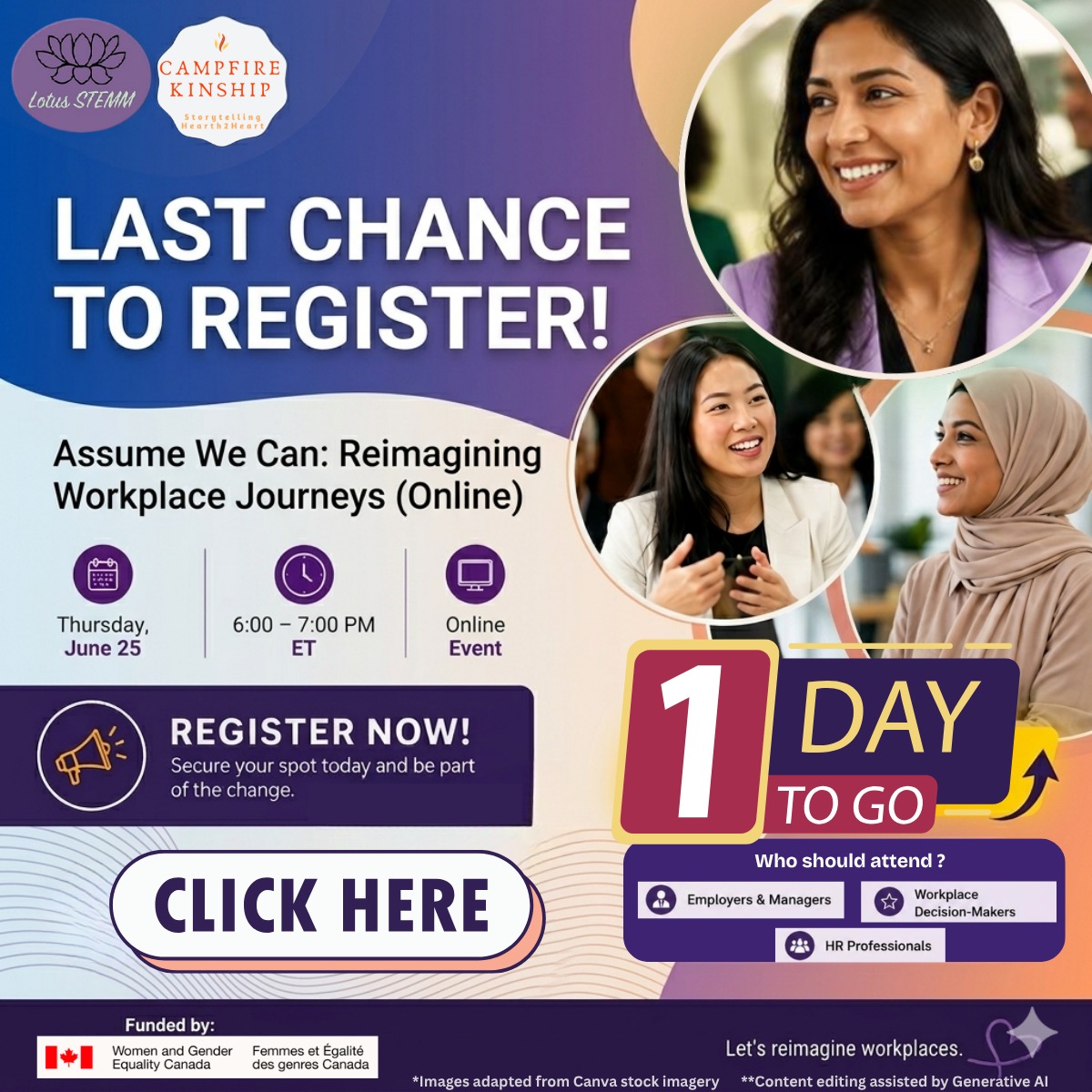 🚨 Last Day to Register🚨
Join us tomorrow for 𝗔𝘀𝘀𝘂𝗺𝗲 𝗪𝗲 𝗖𝗮𝗻: 𝗥𝗲𝗶𝗺𝗮𝗴𝗶𝗻𝗶𝗻𝗴 𝗪𝗼𝗿𝗸𝗽𝗹𝗮𝗰𝗲 𝗝𝗼𝘂𝗿𝗻𝗲𝘆𝘀 𝗶𝗻 𝗦𝗧𝗘𝗠𝗠- a free, interactive workshop for HR professionals, managers and workplace leaders.
📅 June 25, 2026
⏰ 6:00 - 7:00 PM EDT
💻 Online
👉 Explore practical strategies to recognize systemic barriers, foster inclusive leadership and build more equitable workplaces.
🔗 𝗥𝗲𝗴𝗶𝘀𝘁𝗲𝗿 𝗵𝗲𝗿𝗲: https://lnkd.in/gVeAnFrh
✨ Includes access to a complimentary LMS with additional learning resources and reflections.
Campfire Kinship®, WAGE / FEGC
#AssumeWeCan #Equity #Inclusion #SystemicChange #SouthAsianWomen #Belonging #KnowledgeMobilization #WAGE