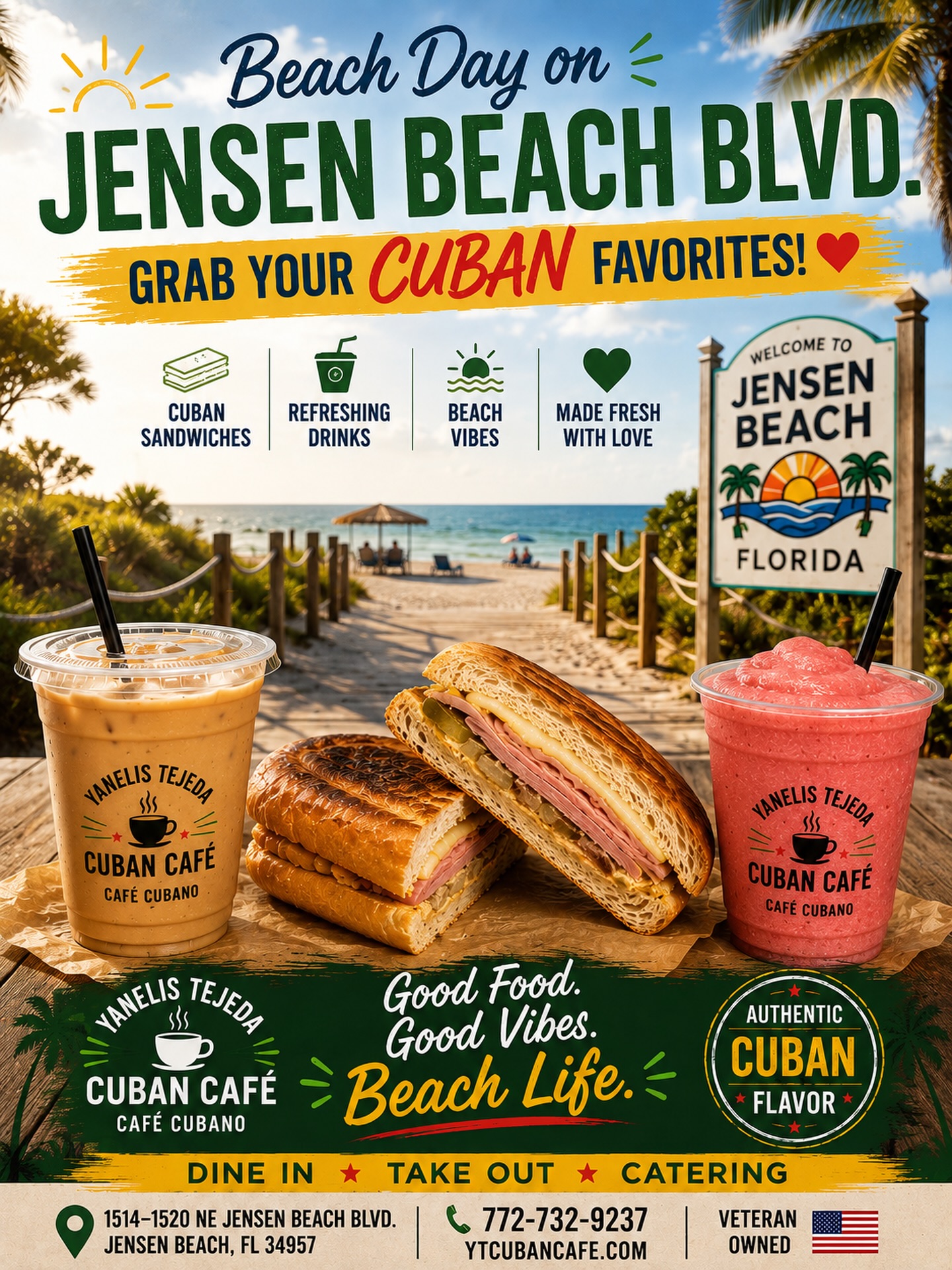 🏖️☀️ HEADED TO JENSEN BEACH? MAKE ONE DELICIOUS STOP FIRST! ☕🥪🇨🇺
Your beach day starts with authentic Cuban flavor!
If you’re driving down Jensen Beach Blvd. toward the beach, we’re conveniently located on the right-hand side before the hill, just past The Family Church and before the Publix plaza.
It’s the perfect place to grab lunch, coffee, smoothies, or snacks before spending the day in the sun!
🥪 Authentic Cuban Sandwiches
☕ Fresh Cuban Coffee
🥟 Croquetas & Pastelitos
🥤 Smoothies, Refreshing Drinks & More
Whether you’re packing a beach picnic or just craving authentic Cuban food, we’ve got you covered.
📍 1514–1520 NE Jensen Beach Blvd.
Jensen Beach, FL 34957
📞 772-732-9237
🌐 YTCubanCafe.com
🇺🇸 Proudly Veteran Owned
❤️ Made Fresh Daily
Good Food. Good Vibes. Beach Life.
We’ll have your food fresh, hot, and ready before you hit the sand. See you on your way to the beach! 🌊☀️
#YanelisTejedaCubanCafe #JensenBeach #JensenBeachFlorida #BeachDay #BeachLife CubanCafe CafeCubano CubanCoffee CubanSandwich Pastelitos Croquetas FloridaFoodie TreasureCoast SupportLocal VeteranOwned MadeFreshDaily TakeOut BeachPicnic TasteOfCuba BeachLunch AuthenticCubanFood GoodFoodGoodVibes FloridaEats