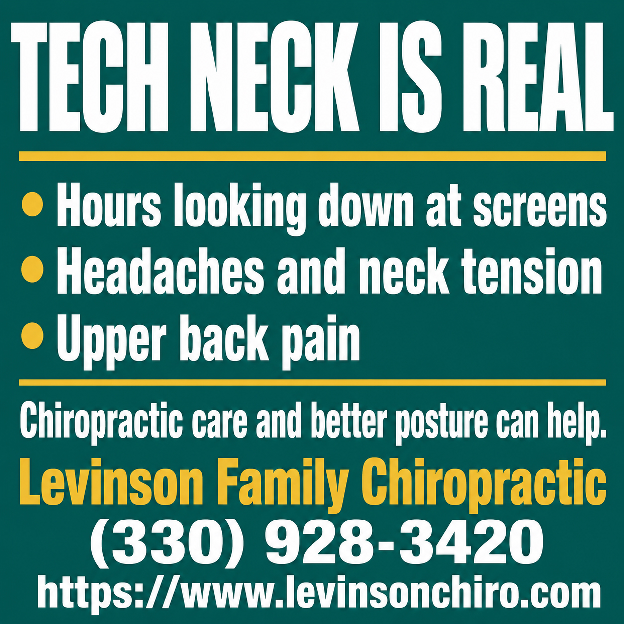 Tech neck is real, and most of us have it.
Hours spent looking down at phones, tablets, and computers pull your head forward and put constant strain on your neck and upper back.
Over time that shows up as headaches, neck tension, and pain between the shoulders.
The good news is it is very treatable.
Chiropractic care combined with a few simple posture habits can relieve the strain and help you feel better through your day.