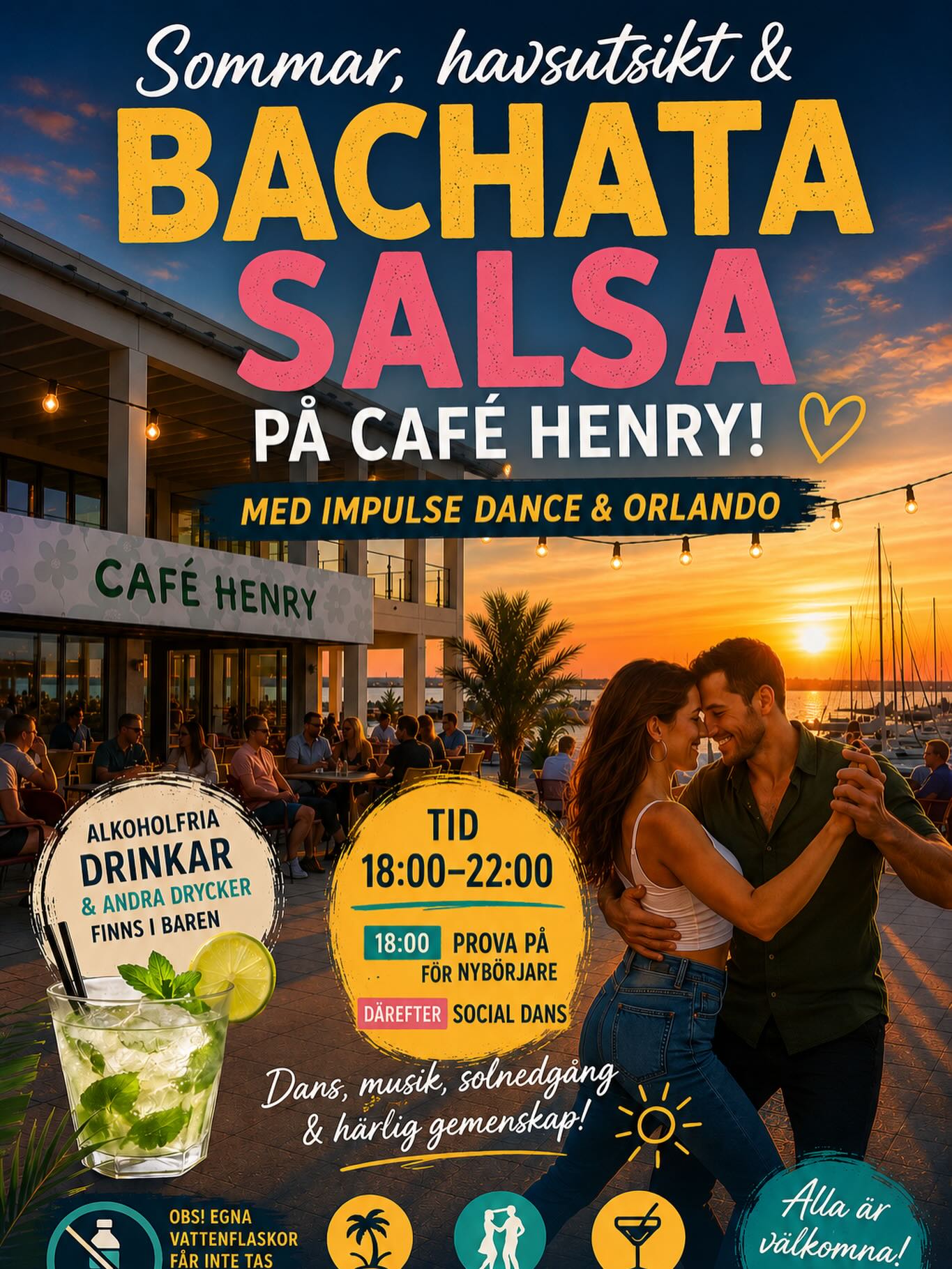 VĂ€lkommen till Impulsdance SUMMER VIBES bakom Dunkers - varje tisdag!
Varje vecka bjuds det pÄ en prova-pÄ kl 18! Kom förbi precis som du Àr och testa salsa eller bachata! Alla Àr vÀlkomna!!
Vi firar Orlandos 30 Ă„r som dansinstruktör och eldsjĂ€l med att dansa in solnedgĂ„ngen över sundetđ„ł! Mannen som tog salsan, bachatan, zumban och zouk till vĂ„rt vackra Helsingborgđ. I över 20 Ă„r har han anordnat socialdanskvĂ€llar vid Dunkers och vi kör vidare pĂ„ traditionenđ„ł!
Startid: 18:00
Plats: Uteserveringen bakom Dunkers kulturhus
Kostnad: Gratis! Men köp gÀrna valfri dryck i baren.
Fördelning: Vi spelar i regel 2 bachata, en salsa och sen om igen.
Transport: Dunkers ligger bara ett par minuters promenad ifrÄn Knutpunkten. Det finns parkeringsmöjligheter bÄde lÀngs med gatorna och i bland annat Sundstorgsgaraget intill.
Ta chansen att ta en dans med svenska mÀstaren, nordiska mÀstaren och 3:an i vÀrldsmÀsterskapet i salsa!
Nya kurser startar i slutet av augustiđđș
https://www.abf.se/oresund/kurser/