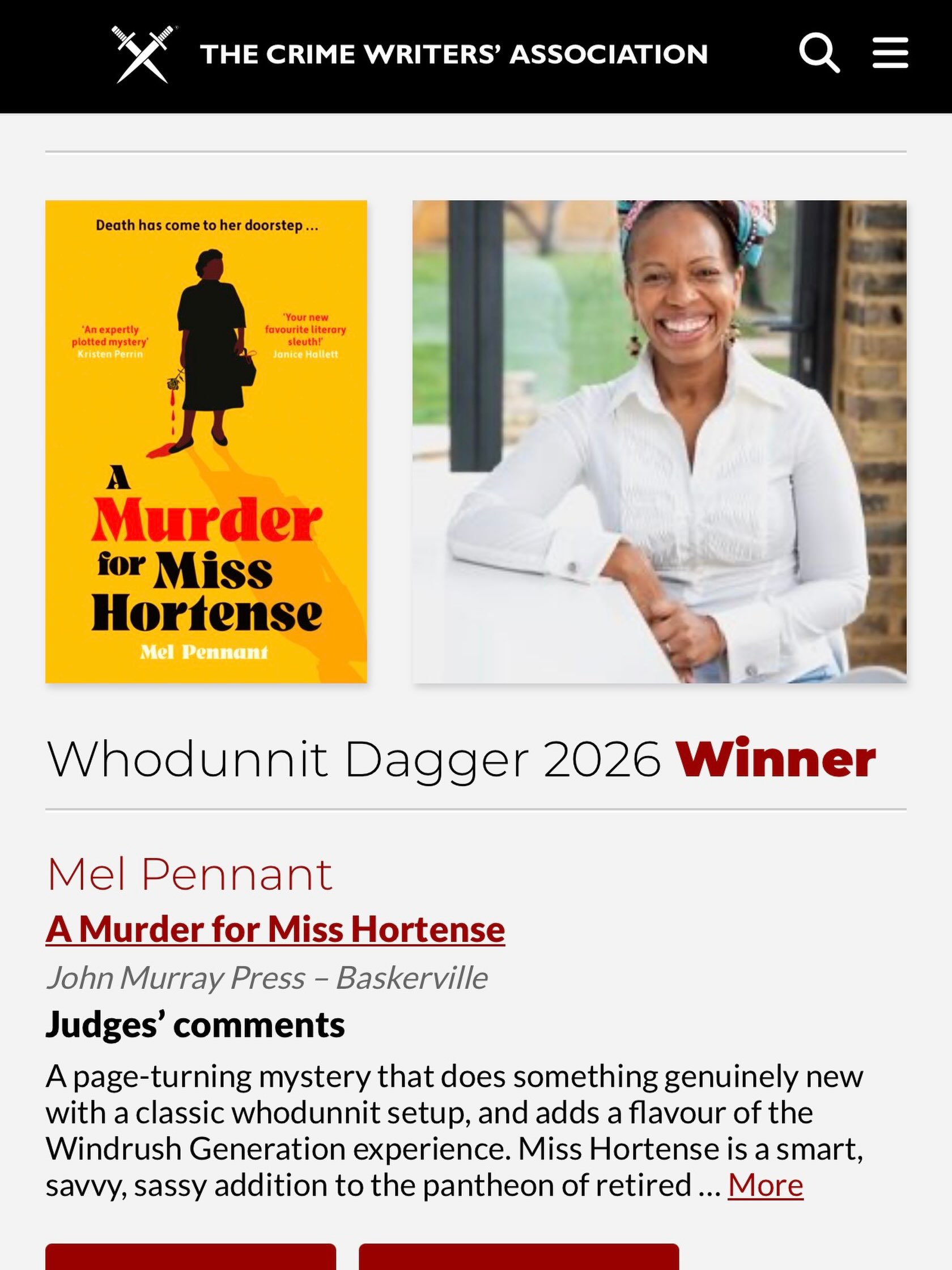 A huge congratulations to @mel_pennant the winner of the Whodunnit Dagger at the @crimewritersassoc awards 🎉🎉🎉 What perfect timing the week of publication of the second Miss Hortense instalment!