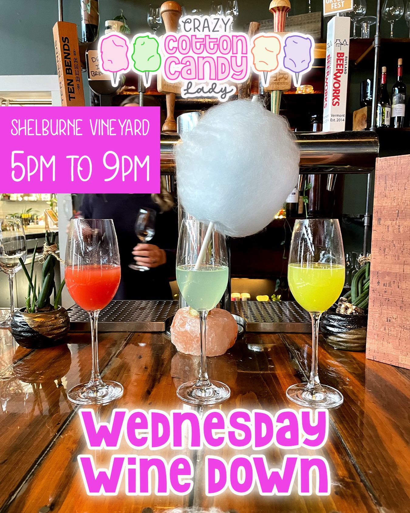 7/1 @shelburnevineyard
From 5pm to 9pm
🍷 Wednesday Wine Down 🍷
Rotating venders every Wednesday 6/24 - 9/23
from 5-9pm
✦ Bear Moon Botanica @bearmoonbotanicavt
✦ Foxglove Farm @foxglove_farm_vt
✦ Jonathan Hart Photography
✦ Laurel Waters Art @laurelwatersart
✦ Jules and Indy Custom Embroidery @julesandindy
✦ Steps to End Domestic Violence @stepsvt
✦ A Taste of Abyssinia, LLC @atasteofabyssinia
✦ Leo’s BBQ @leosbbqvt
✦ Lou’s Big Cannoli @lousbigcannoli
✦ Sherry Senior Designs @sherryseniordesigns
✦ Les Petites Gemmes @petites.gemmes
✦ Crazy Cotton Candy Lady @crazycottoncandylady
✦ Samosaman @samosamanvt
✦ Sweet T’s Cakery @sweetts_cakery
✦ Offcut Vermont @offcutvermont
✦ Frolic Goods Vermont
✦ Lupine Outerwear @lupineouterwear
✦ Jericho Lemonade @jericholemonadecompany
✦ Jeannie’s Irish Cream Scones
✦ Body Charge Therapeutic Massage @body.charge.massage
✦ Romeo’s Naturals @romeos.naturals