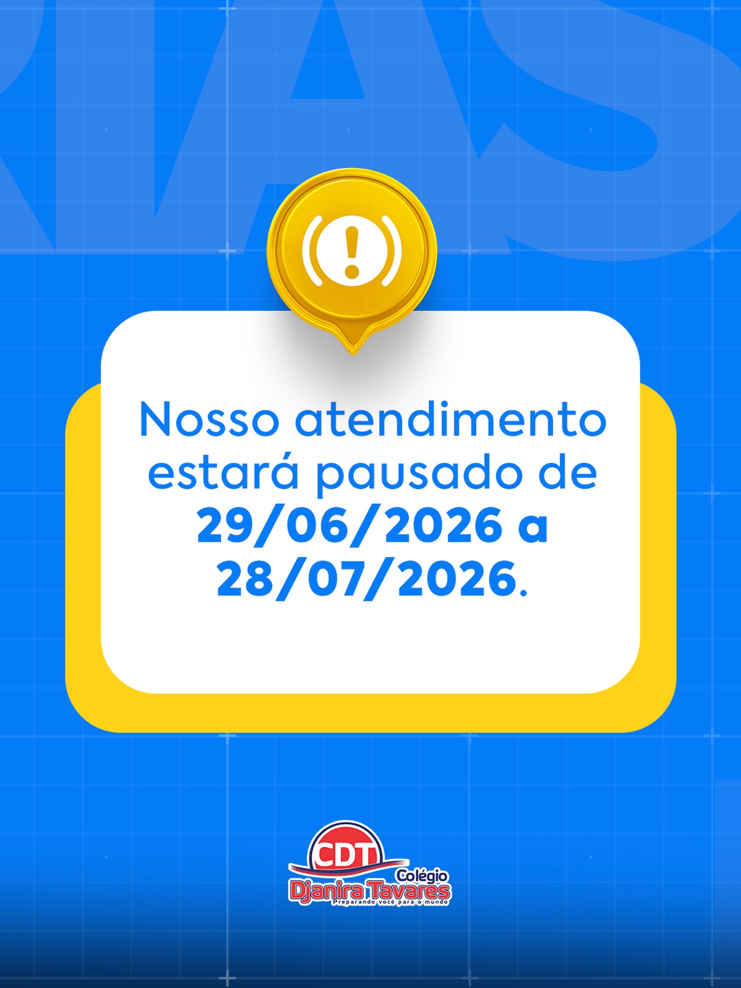Entramos em período de férias coletivas!🌴✨
Nossa equipe estará em uma pausa para descanso e renovação de energias. Durante esse período, os atendimentos estarão temporariamente suspensos.
Agradecemos a compreensão de todos e desejamos dias de muita alegria, descanso e momentos especiais em família! ❤️💙