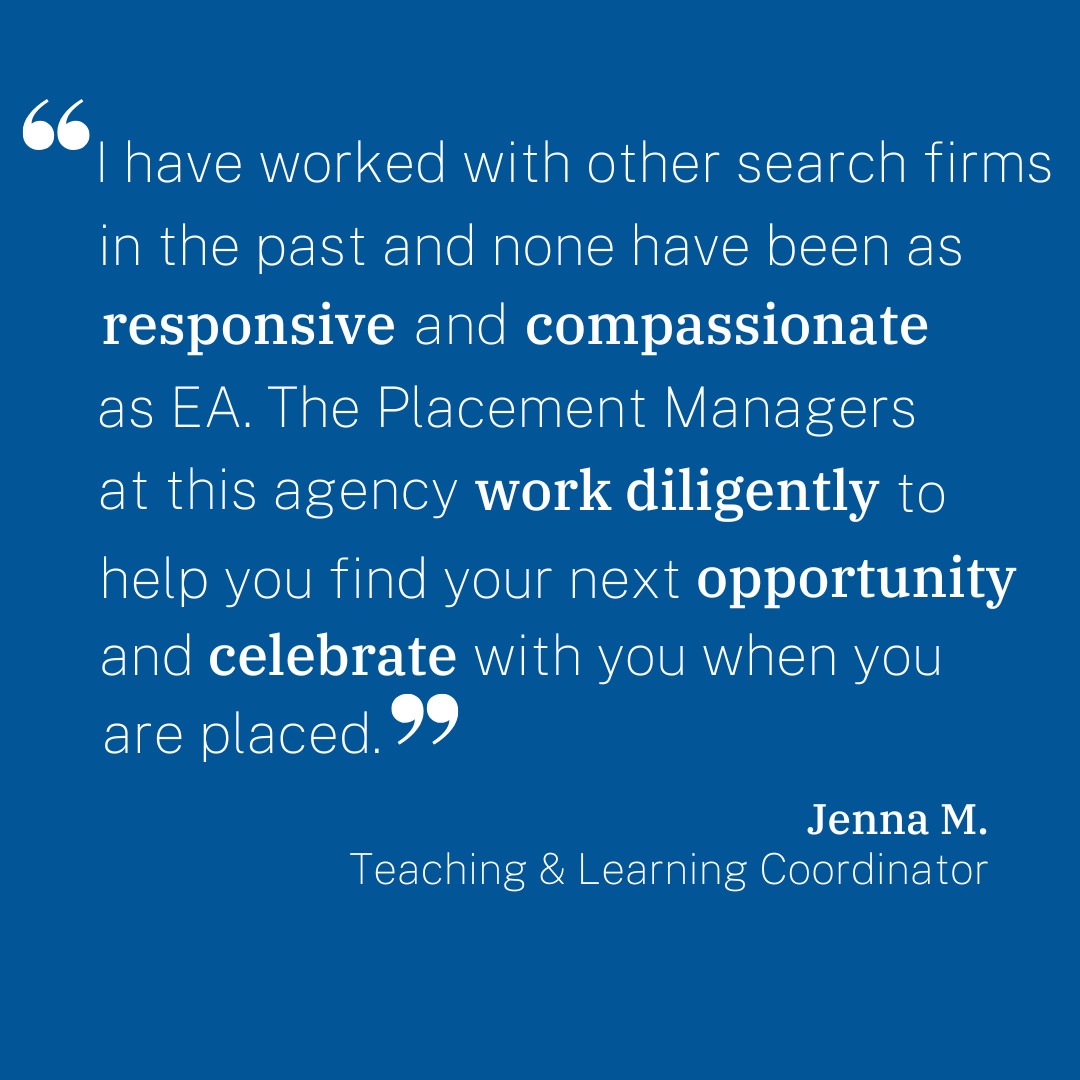 At EA, our team is responsive and compassionate while working to find your next job opportunity.
.
.
.
#educatorsally #indyschools #privateschools #boardingschools #dayschools #education #jobsearch #jobsearching #teachers #teacherjobs #teaching #teachingjobs