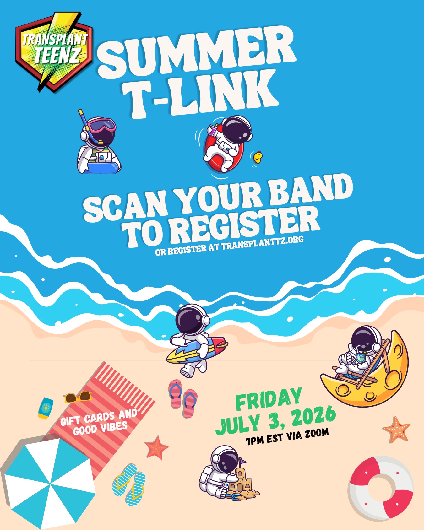 Summer T-Links are here!
Drop in for an hour to catch the vibe.
Triva?
Gaming?
Scavenger Hunt?
#transplantteenz #organdonation