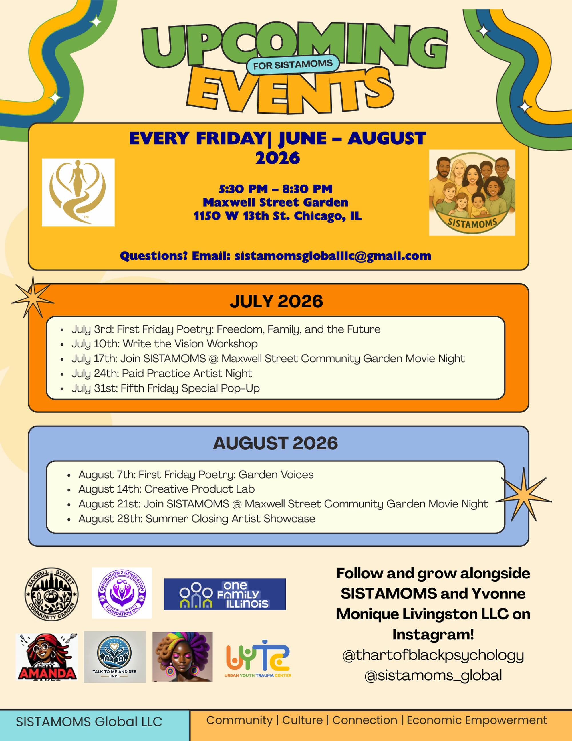 Our community partner @sistamoms_global has an extensive list of community events they will either host or collaborate on throughout the summer. Here is a snapshot of what is to come in July & August.