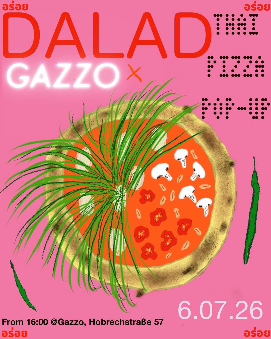 Thai pizza popup 🇹🇭🍕
@daladk is taking over the oven at @gazzopizza for a night.
Dalad earned a Michelin star for her Thai restaurant Kin Dee. Expect bold Thai flavors, pizzas topped with green curry and beef, Masaman curry, Thai basil and chili.
Dalad will do her take on our buffalo soft serve. Think creamy buffalo milk, and pandan.
There will also be a signature dish from Kin Dee as a starter. Stay posted.
A full menu will follow in the coming days.
🗓️ Monday 6 July
🕕 from 16:00
📍 Gazzo, Hobrechtstrasse 57
🚫 No reservations. Just drop by and have some popcorn if there’s a wait
This will be so much fun 😍
Poster by team member @me___toka