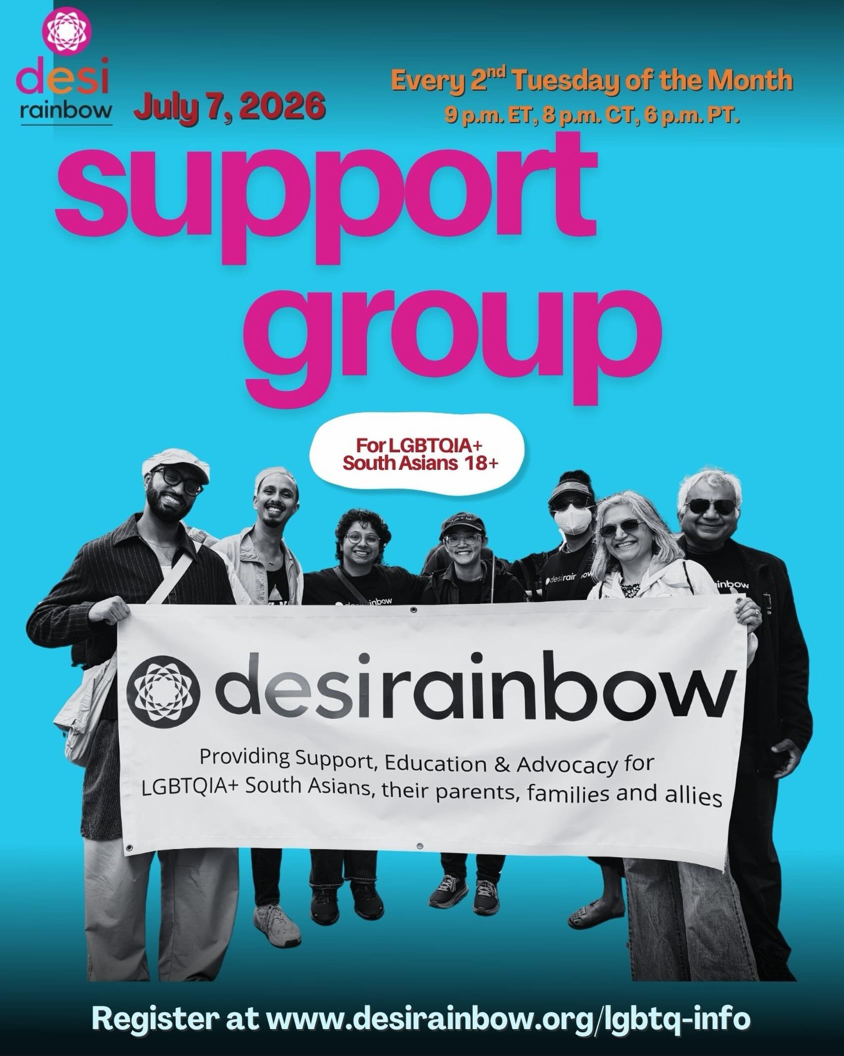 🏳️🌈🏳️⚧️ We invite LGBTQIA+ people of South Asian descent to join our virtual Support Group for the LGBTQIA+ community next week! Join us Tuesday, July 7th at 9 p.m. Eastern, 8 p.m. Central, and 6 p.m. Pacific.
👉🏽 Joining for the first time? You’ll need to register at least 2 hours before the event at www.desirainbow.org/lgbtq-info to receive the meeting link. Link in bio.
💟 This is a monthly 90-minute peer-to-peer support and discussion group that’s only for LGBTQIA+ Desis 18 and older based in North America.
🥰 Join us in creating a more affirming world for LGBTQIA+ Desis at desirainbow.org/membership
#supportgroup #desiqueer #desitrans #queerdesi #queersouthasian