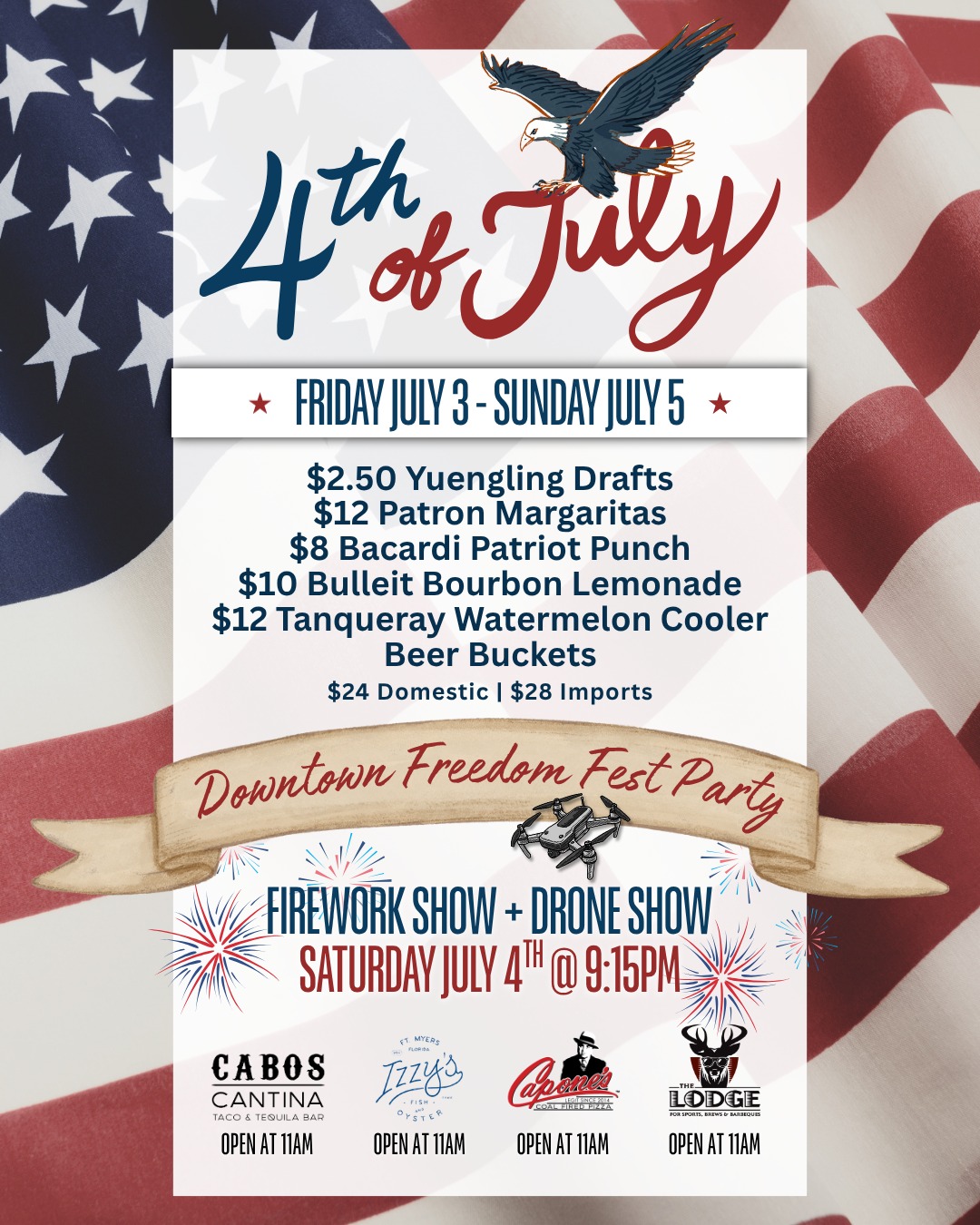 Celebrate 4th of July weekend with us in Downtown Fort Myers! ❤️🤍💙
Grab your crew and join us for festive drink specials all weekend long while taking in all the excitement downtown.
Don’t miss the fireworks + drone show at 9:15PM on Saturday!
#fourthofjuly #America250 #downtownfortmyers #thingstodoinfortmyers