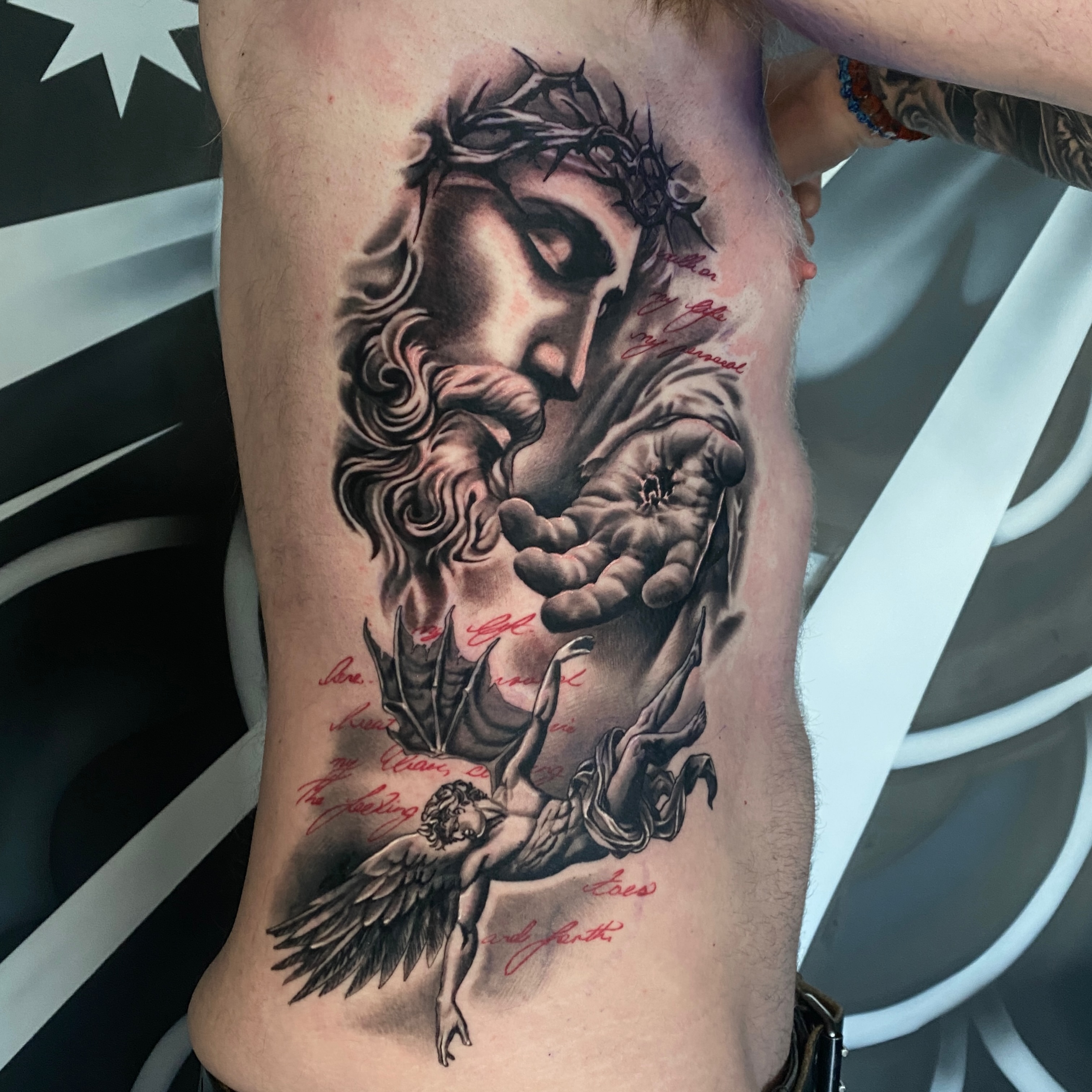 Rad piece for @jallred0077 ! This kind of stuff is so fun tattoo! Thanks for looking.
.
.
#christiantattoo #christiantattoos #realismtattoos #blackandgreyrealism #fallenangeltattoo