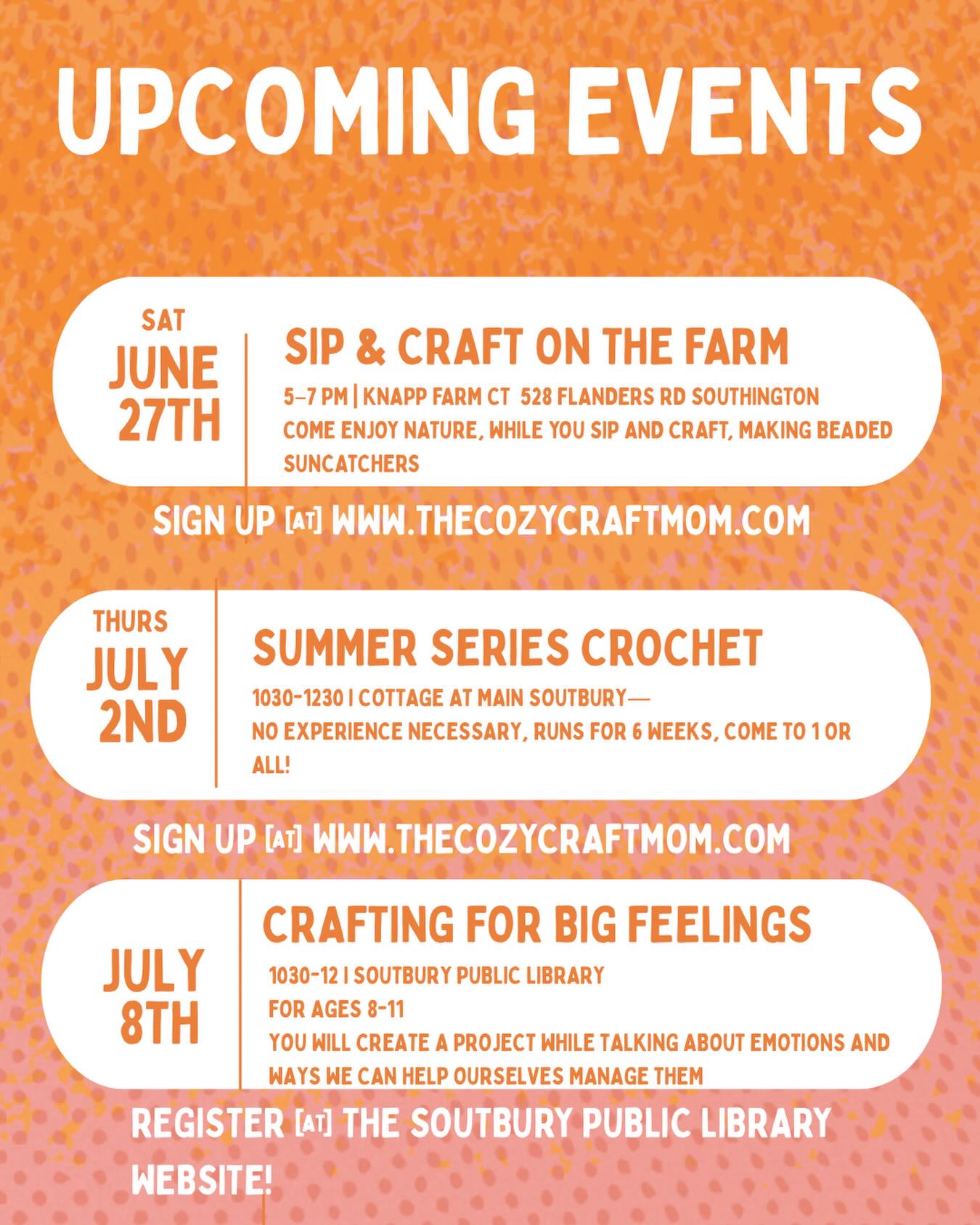 UPCOMING EVENTS!
.
.
Summer is here and so are these next few events! If you are in #connecticut check out what’s happening and I hope to see you at one of my next events!
#connecticutcrafting #connecticutsmallbusiness