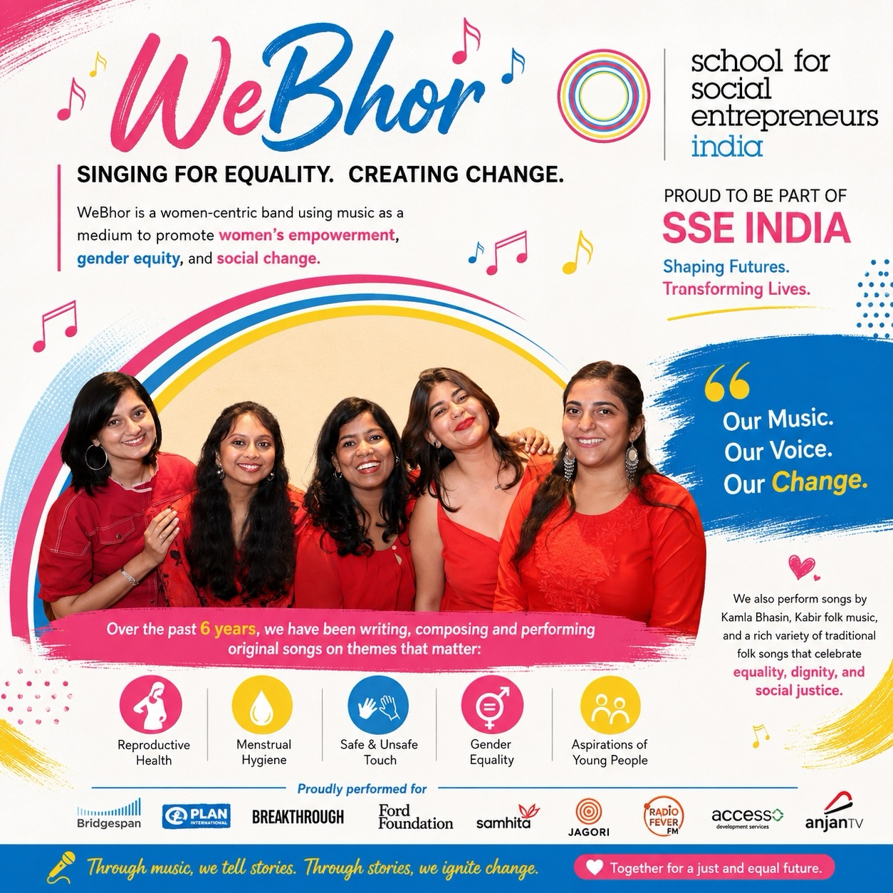 WeBhor is a women-centric band, a vibrant collective of female musicians who use music as a medium to promote women’s empowerment, gender equity, and social change. Over the past six years, we have been writing, composing, and performing original songs on themes such as reproductive health, menstrual hygiene, safe and unsafe touch, gender equality, and the aspirations of young people.
Along with our original compositions, we perform songs by Kamla Bhasin, Kabir folk music, and a rich variety of traditional folk songs that celebrate equality, dignity, and social justice.
Over the years, WeBhor has performed for organizations such as Bridgespan, Plan India, Breakthrough, Ford Foundation, Samhita, Jagori, Radio Fever FM, ACCESS Development, and Anjan TV, among others.