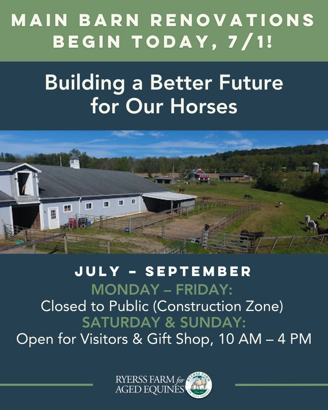 A new chapter is beginning at Ryerss Farm! 🐴 Renovations have officially started on our historic Main Barn. A new roof, windows, and siding will help preserve this cherished building and keep our retired and rescued horses comfortable for years to come.
🗓️ Visitor Information (July–September):
Monday–Friday: Closed to the public due to construction
Saturday & Sunday: Open for visitors & the gift shop, 10 AM to 4 PM
While the Main Barn will be an active construction site, you’ll still be able to visit many of our horses enjoying the pastures during weekend visits.
💚 Every donation supports our residents’ care through this exciting project. Click the link in our bio to learn more about the project and donate now!