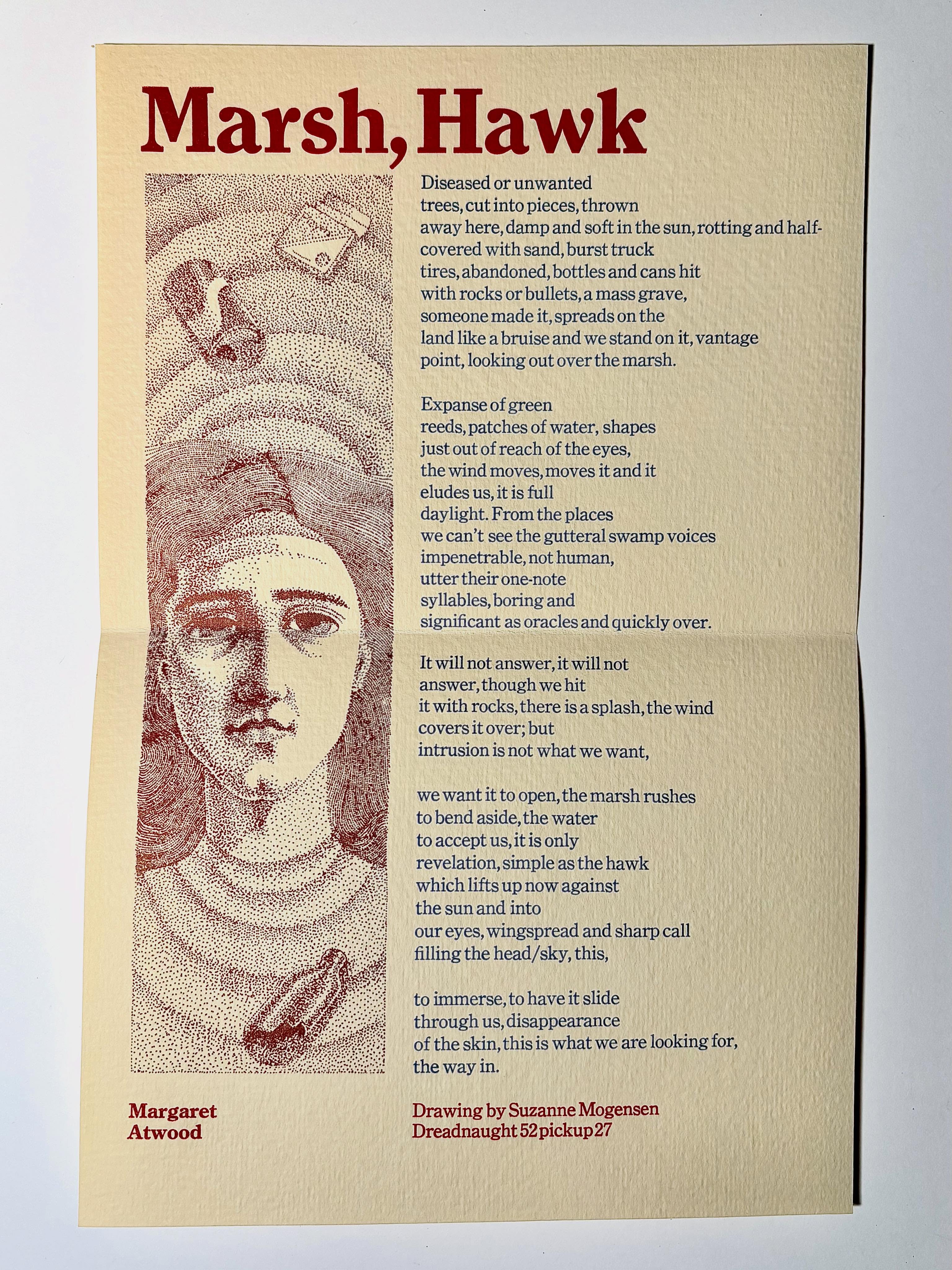 What a treat it is to have Margaret Atwood be a part of 52 Pickup so early in her career, and with such a beautiful poem. This broadside is a great example of one of the more highly illustrated editions in the collection with an image by Suzanne Mogensen that at the time would have been printed from a magnesium plate.
For the chance to receive a copy of this poem you can go check out our Patreon for the 52 Pickup 76 Mail Club! Link in bio!