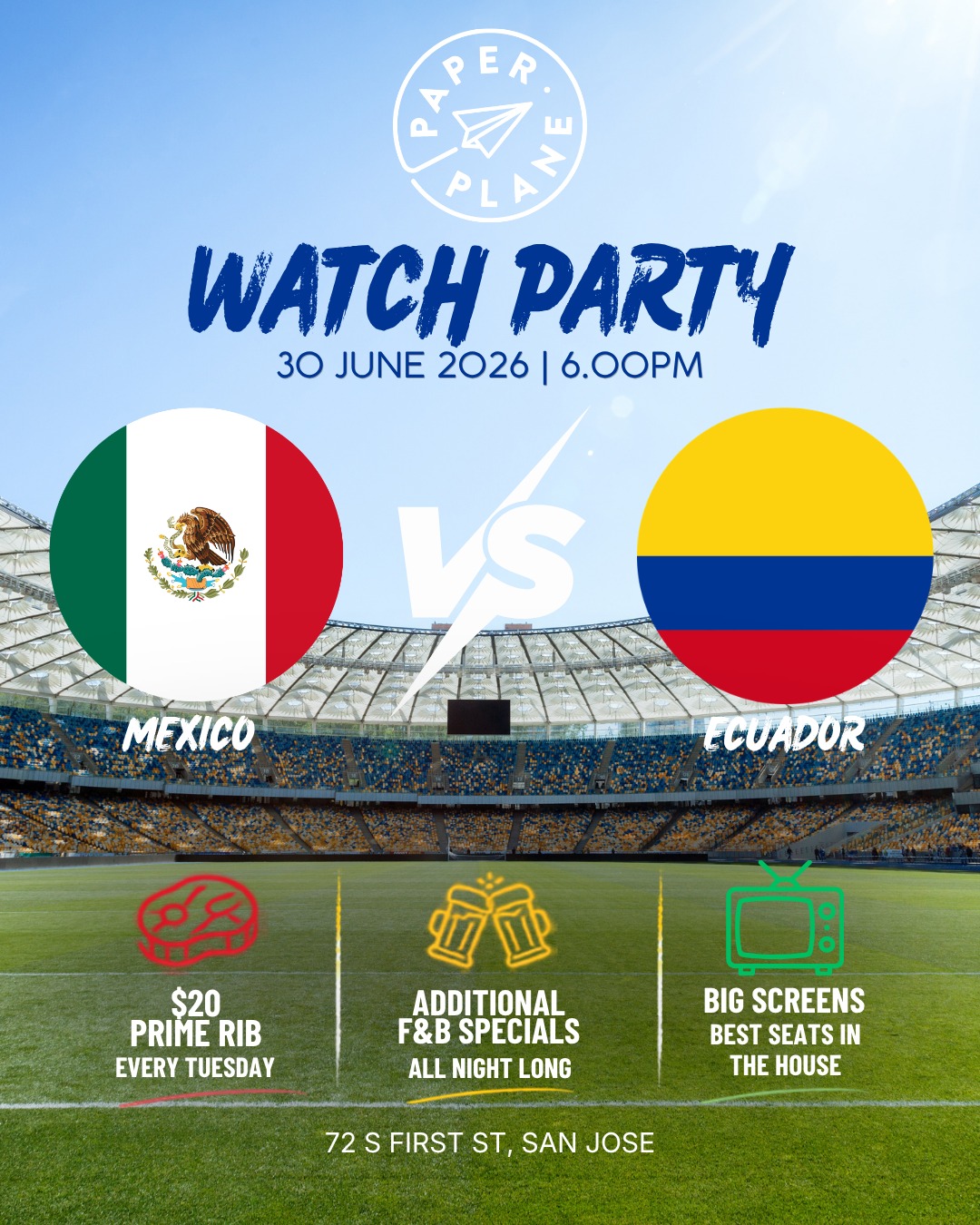 The only thing better than watching the match? Watching it with great food, drinks, and Prime Rib Tuesday. ⚽🍻🥩
Mexico takes on Ecuador tomorrow at 6PM. Grab your crew and catch every minute with us.
#bayarealovessoccer #soccermatch #soccertournament #soccerwatchparty #downtownsanjose
