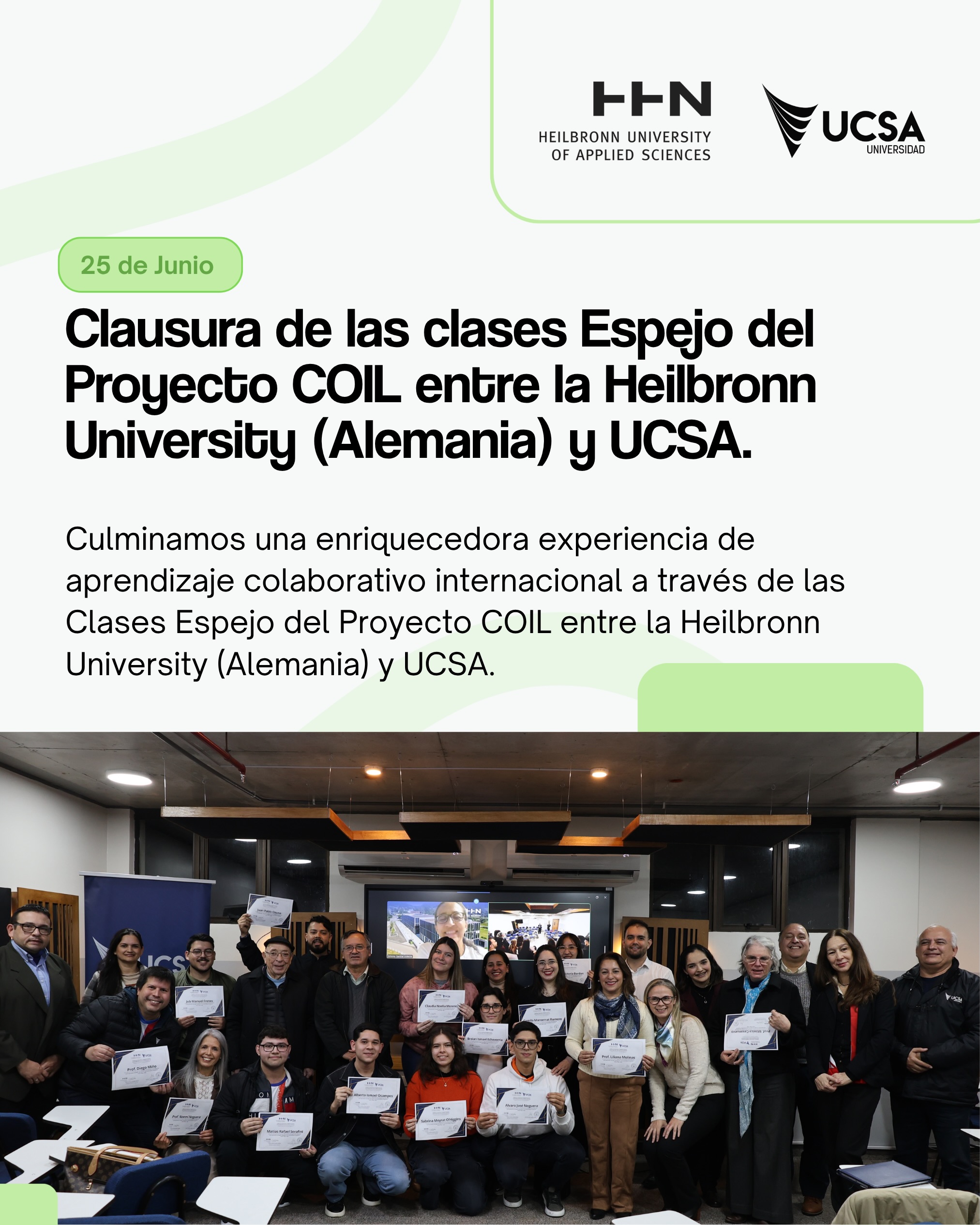 Culminamos una enriquecedora experiencia de aprendizaje colaborativo internacional a través de las Clases Espejo del Proyecto COIL entre la Heilbronn University (Alemania) y UCSA 🌍🤝
#UCSA El futuro está en tus manos 🙌