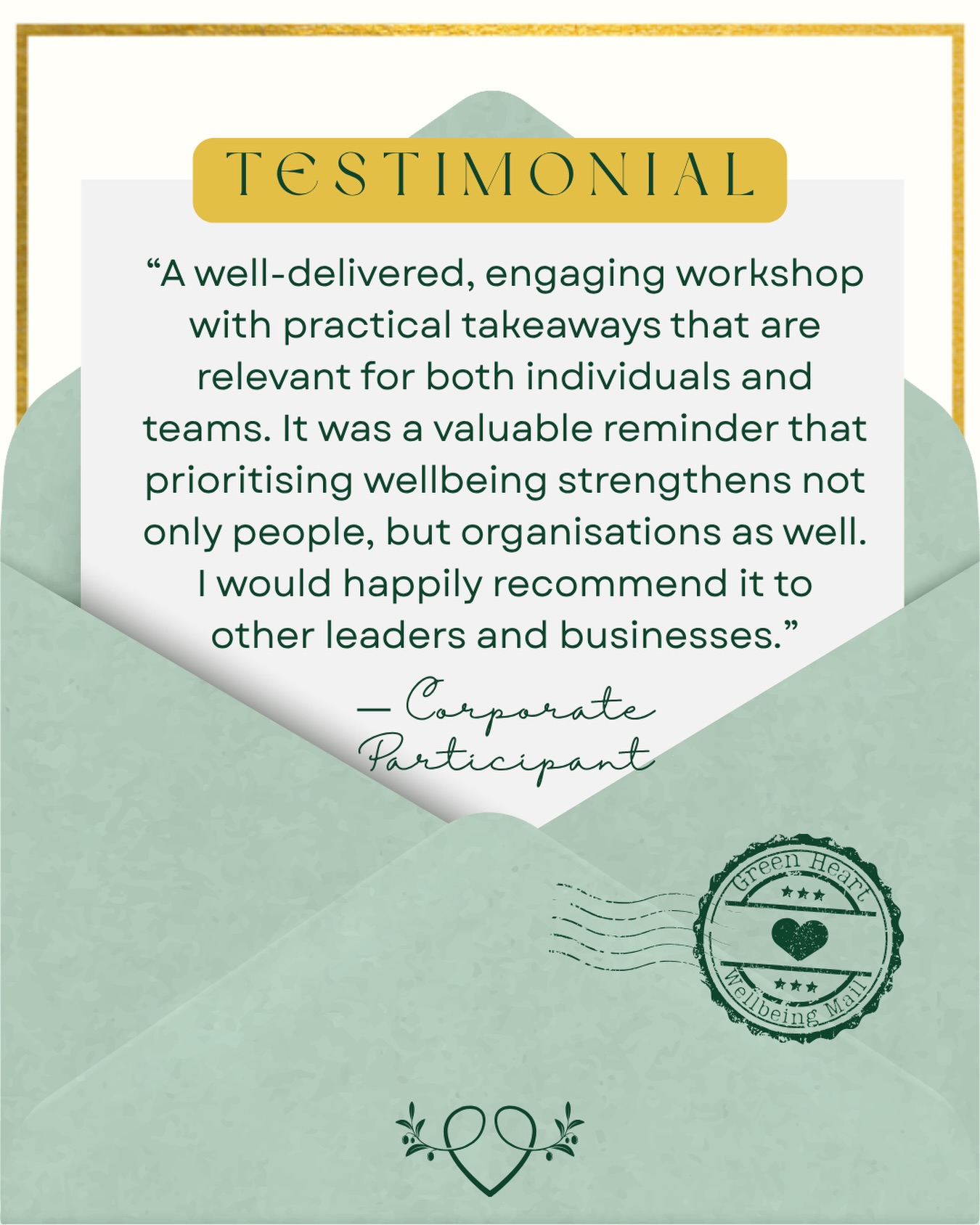 ✨ Testimonial ✨
Delivering wellbeing work for corporate teams, across a variety of industries, is gaining momentum here at Green Heart Wellbeing.
Introductory workshops are often just the beginning; we can design bespoke programmes and systemic shifts that genuinely impact wellbeing at work within your organisation.
Get in touch to learn more about how Green Heart Wellbeing can be part of your organisation’s wellbeing provision.
#positivepsychology #positivepsychologycoach #positivepsychologyconsultant #wellbeingeducation #workplacewellbeing